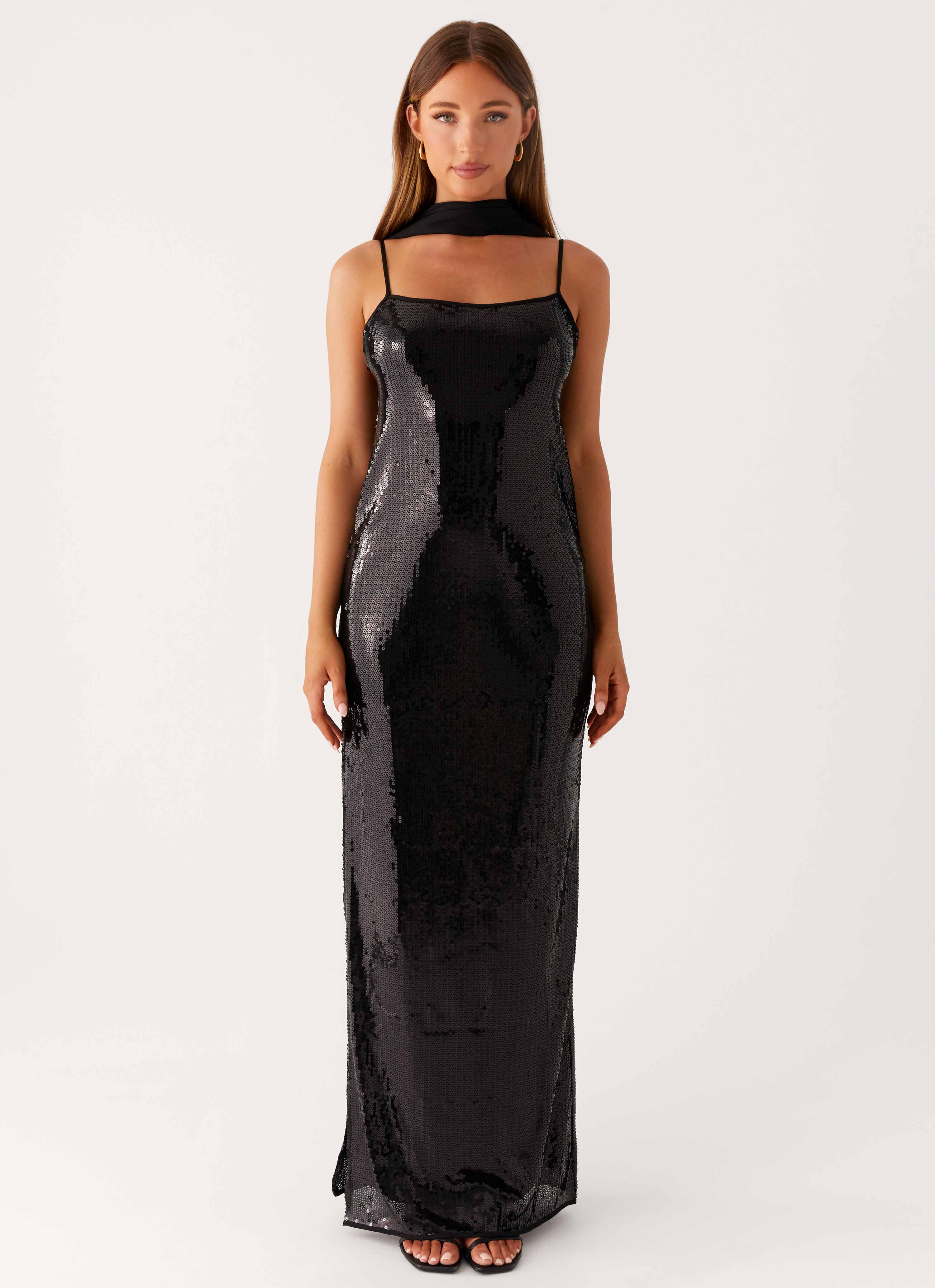 Scarf Neck Sequins Maxi Dress - Black