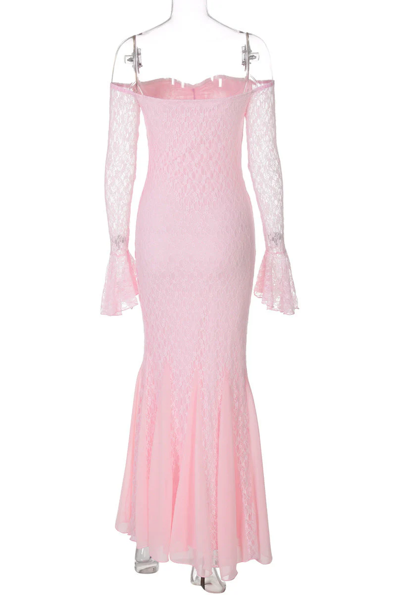 Long Sleeves Pink Lace Mermaid Long Party Dress