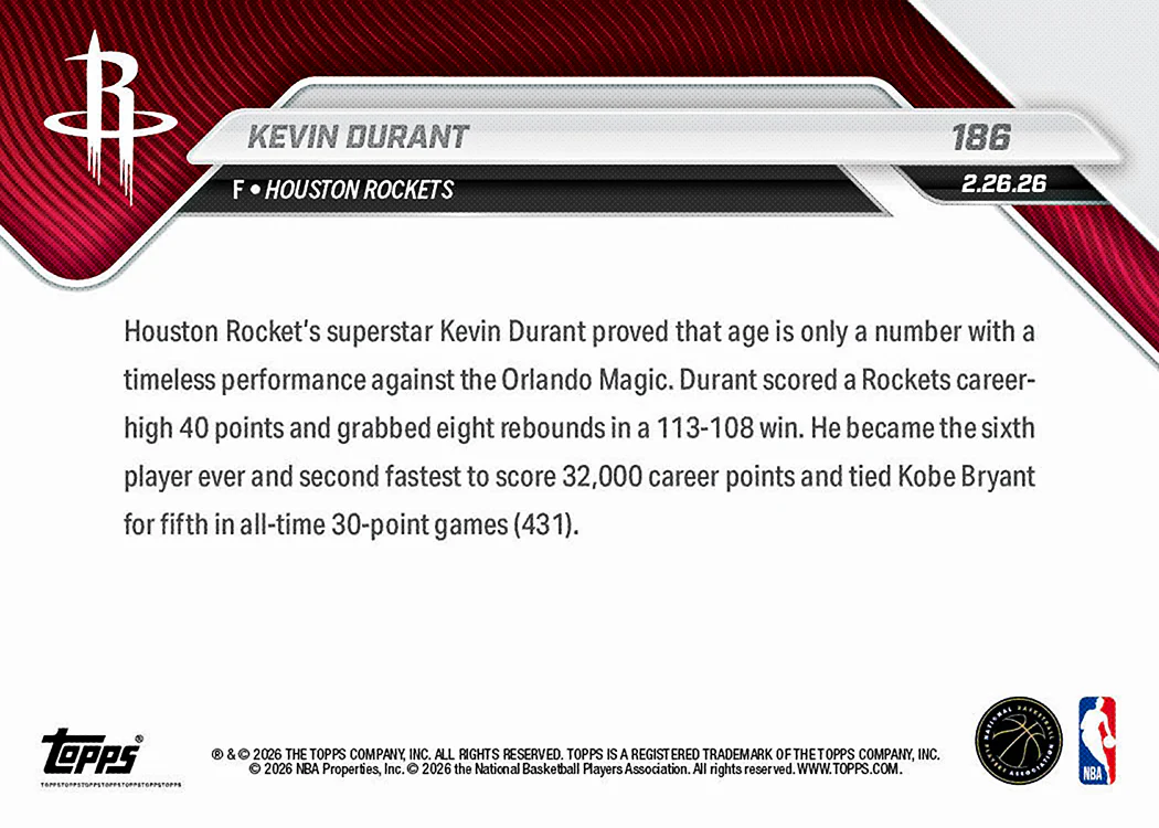 Kevin Durant - 2025-26 NBA Topps NOW® - Card 186 - PR: 860