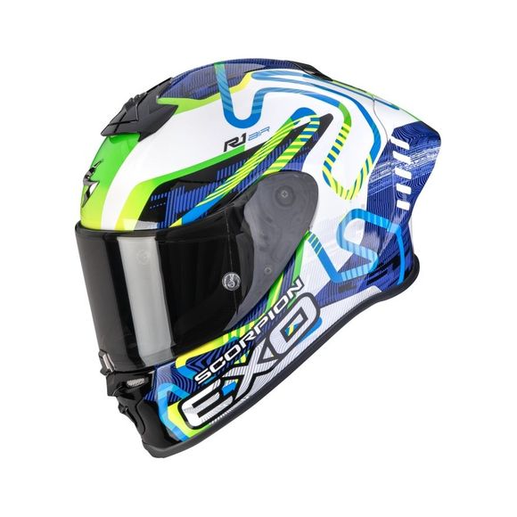 Scorpion Exo EXO-R1 EVO II AIR Full-Face Helmet - CORNERING - White / BlueRef: SC1247