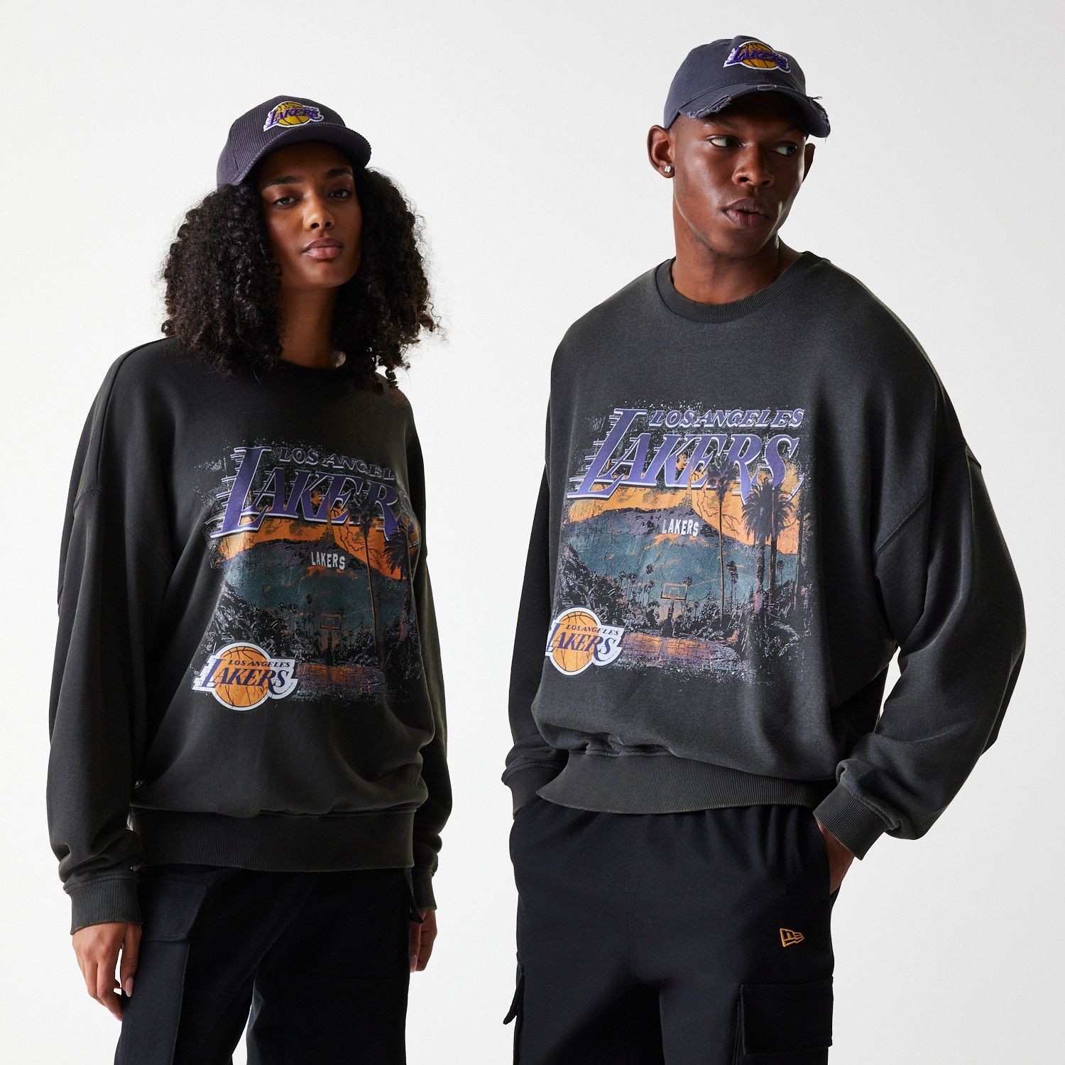 Los Angeles Lakers Washed Oversized NBA Crew Neck Sweater Dark Gray
