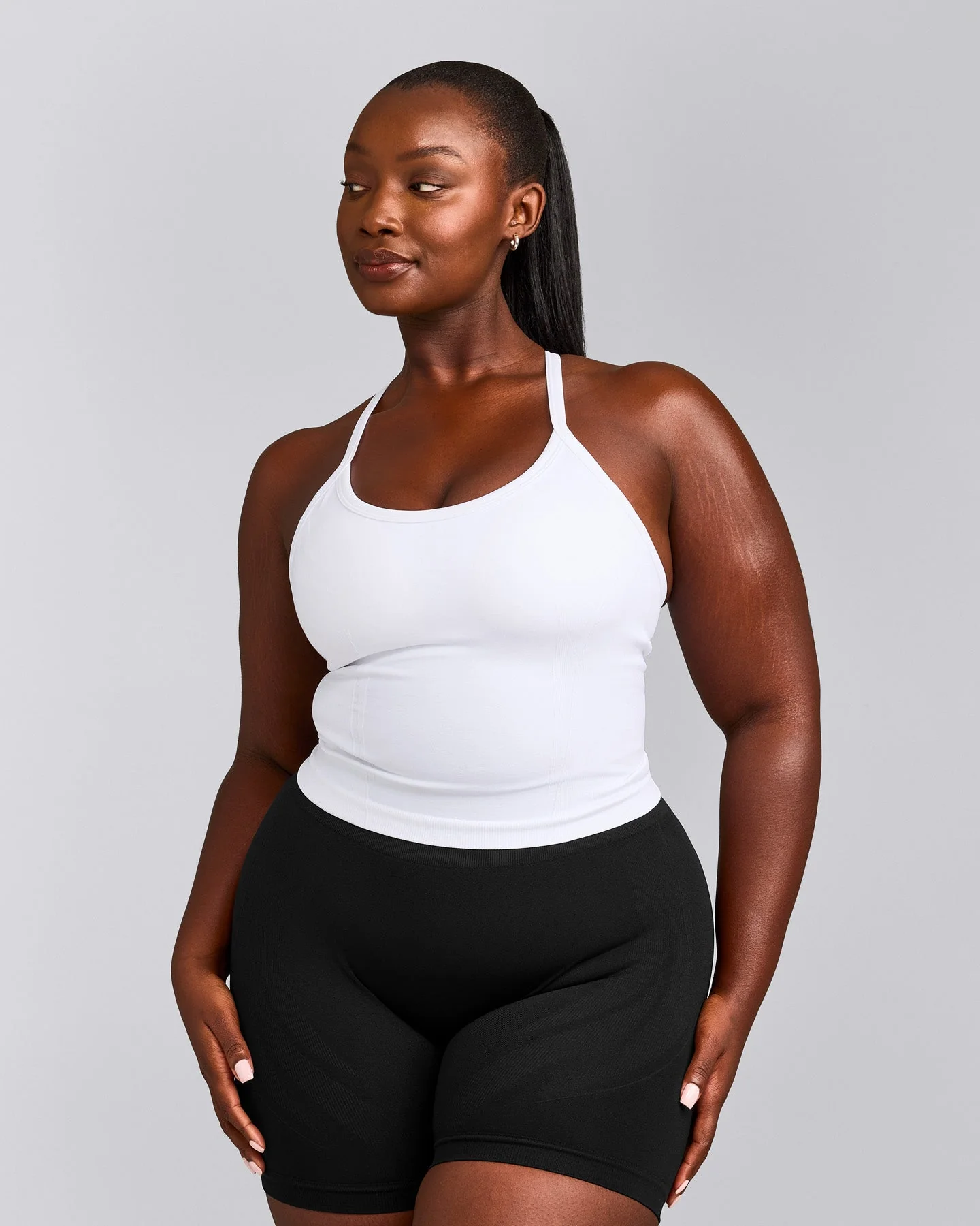 EnhanceLift™ Seamless Strappy Racer Vest with Built in Bra Shelf with Grey Logo | White