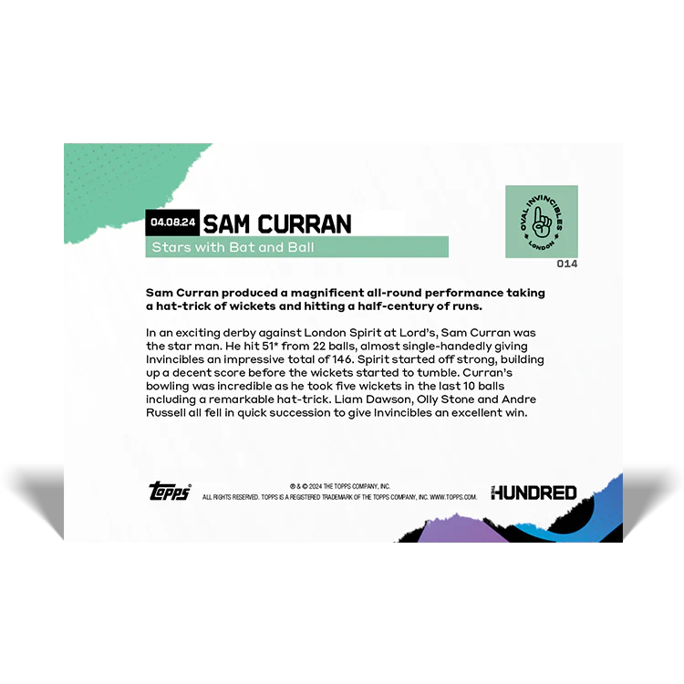 Sam Curran - Stars with Bat and Ball - 2024 The Hundred TOPPS NOW® Card 14