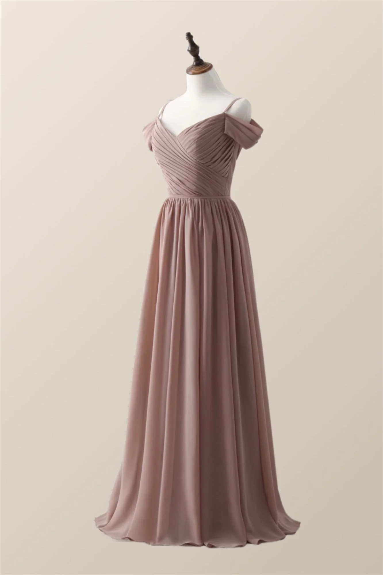 Straps Champagne Pleated Chiffon Long Bridesmaid Dress