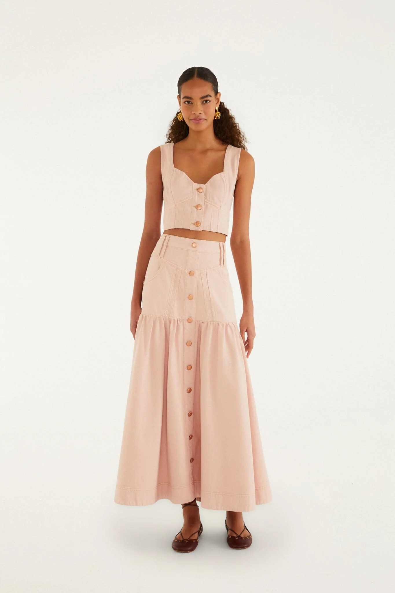 Light Pink Bisne Buttoned Twill Midi Skirt