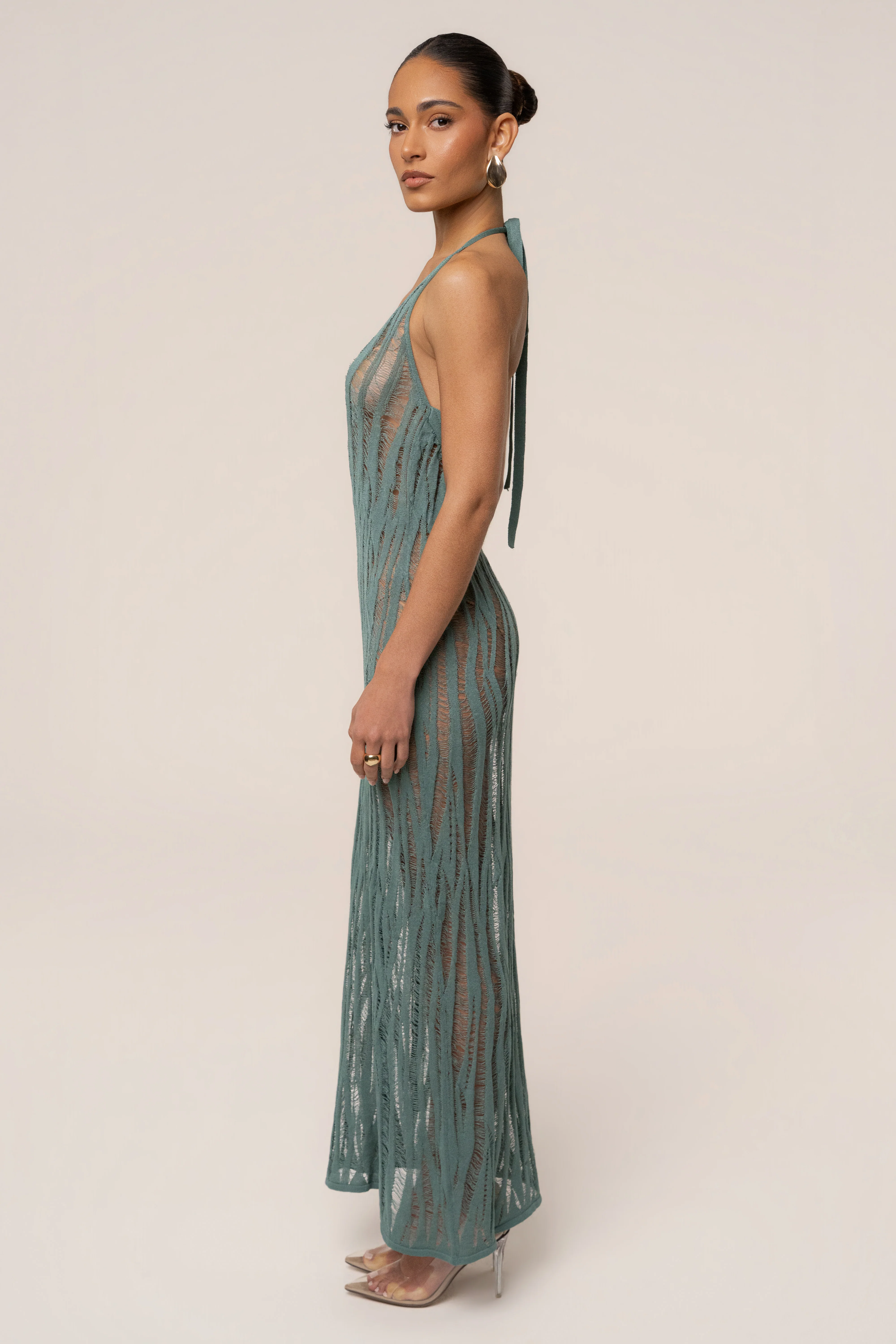 Dusty Green Nocturnal Waves Maxi Dress