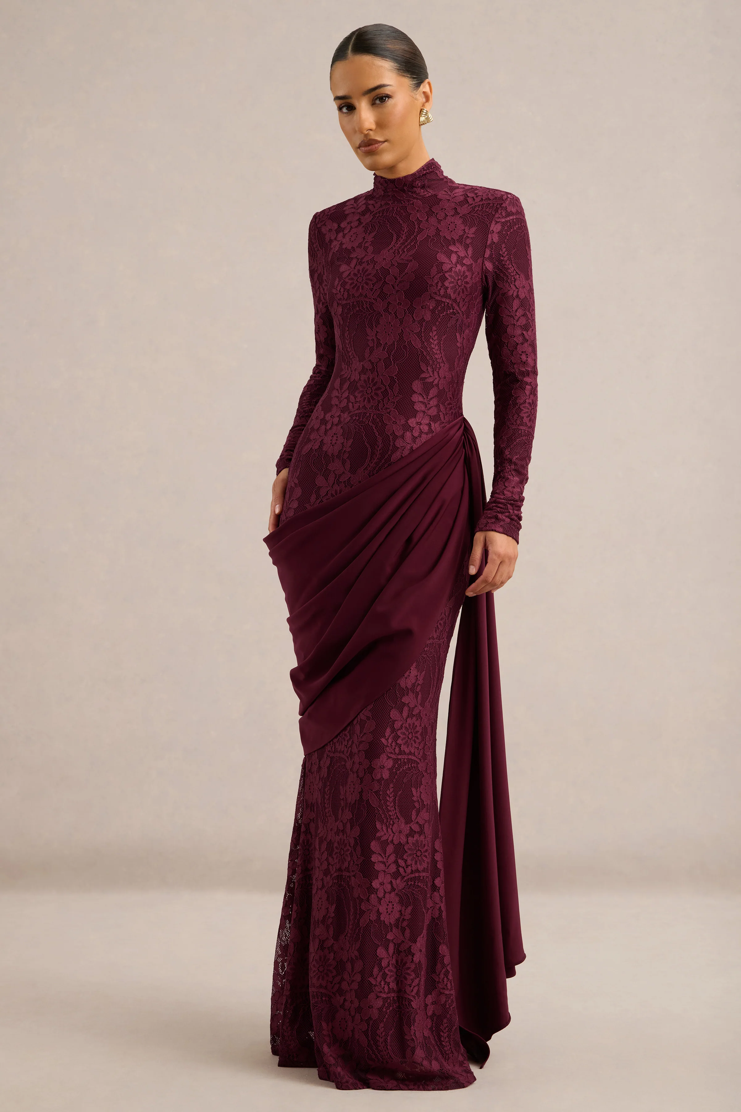 Enestra | Burgundy Lace High Neck Long Sleeve Maxi Dress With Draped Detailing And Sash