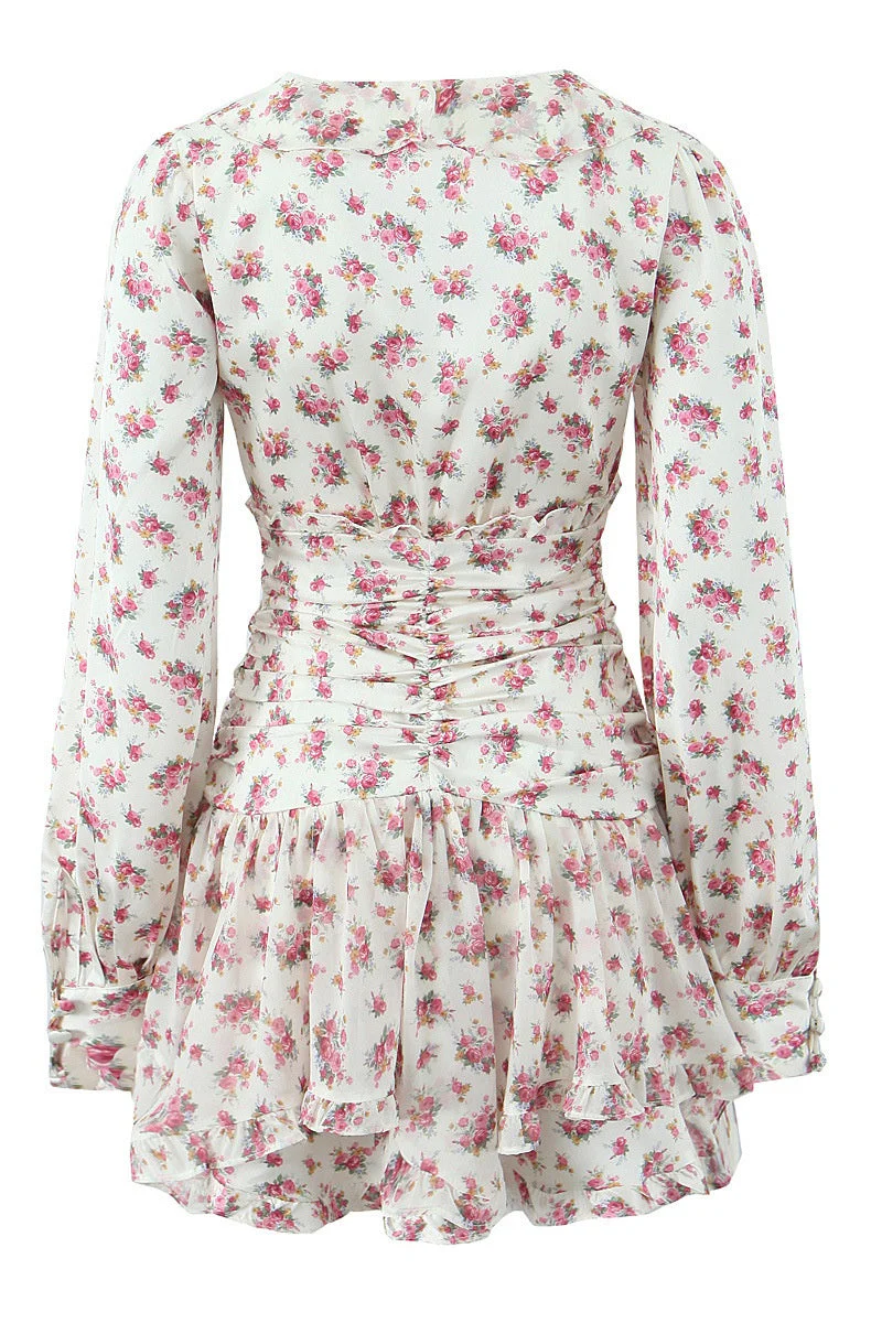 White Floral Ruched Short Party Dress