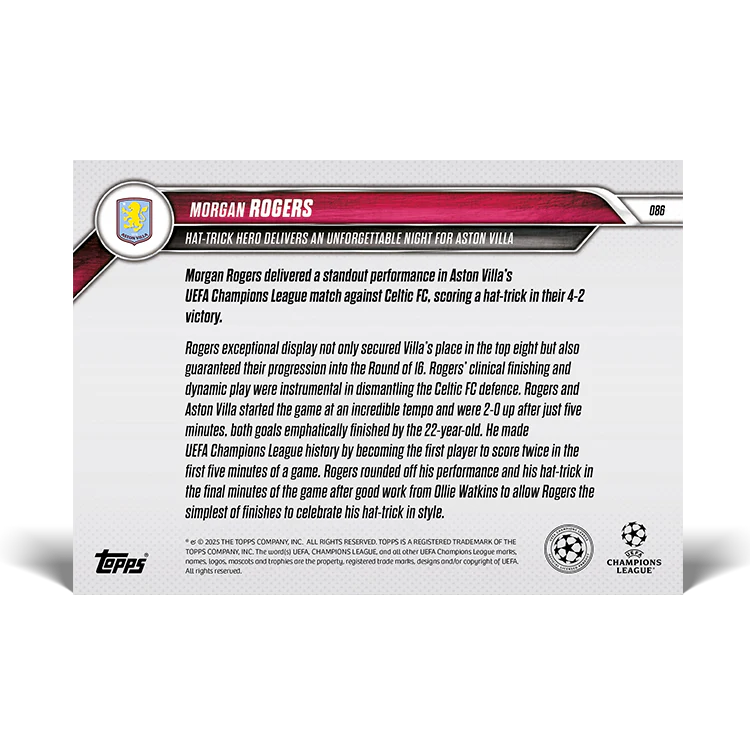 Morgan Rogers - Hat-trick hero delivers an unforgettable night for Aston Villa - 24/25 UCL Topps NOW® Card 86