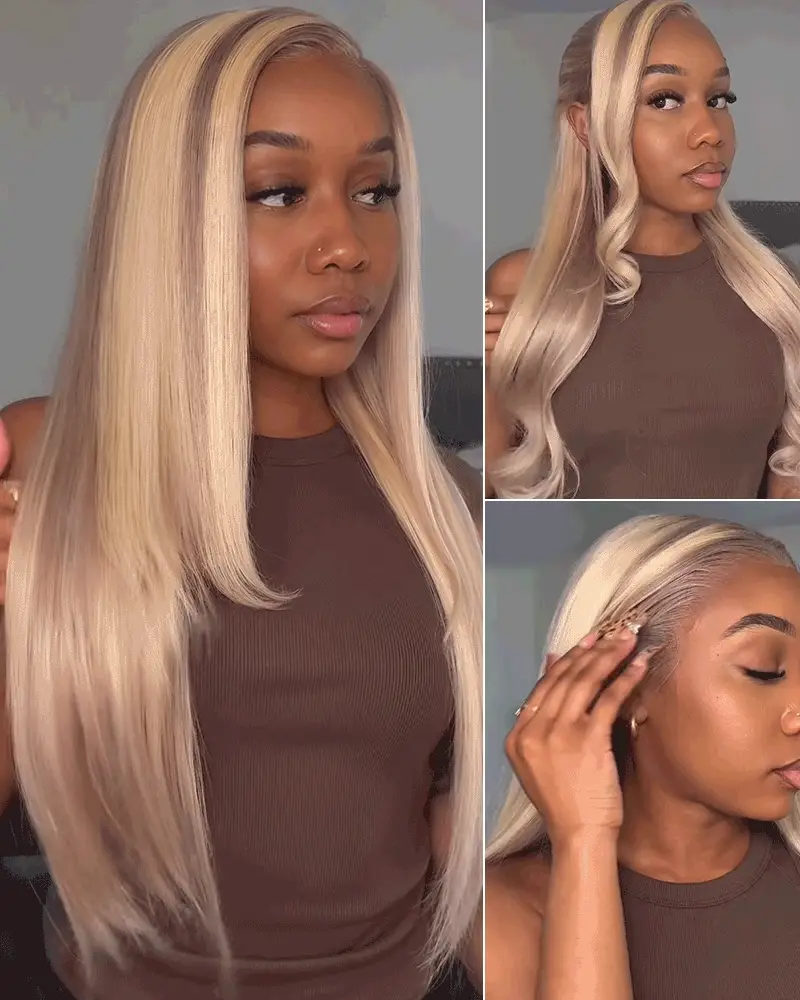 Ophirawig 13x6 Three-Go? Blonde Highlight Glueless Wig Silky Straight With Drawstring 100% Human Hair Wig