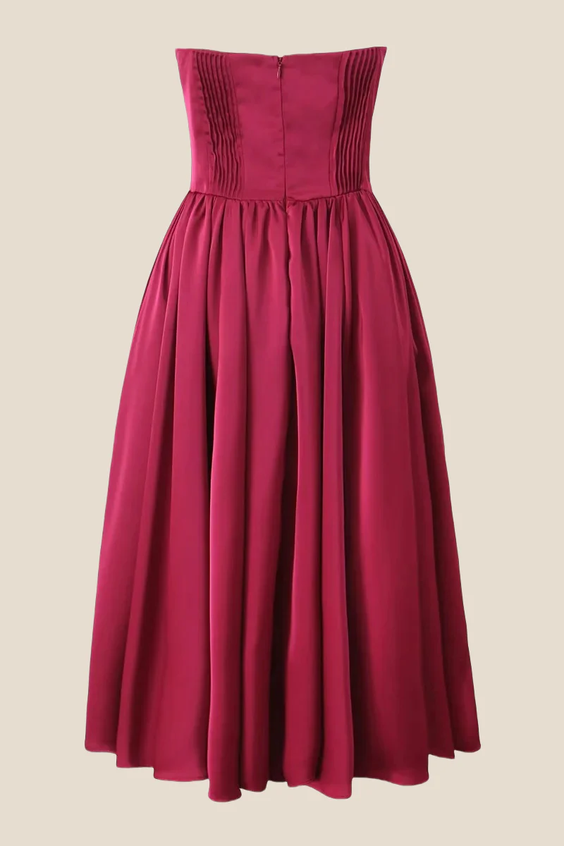 Strapless Burgundy Pleated A-line Midi Dress