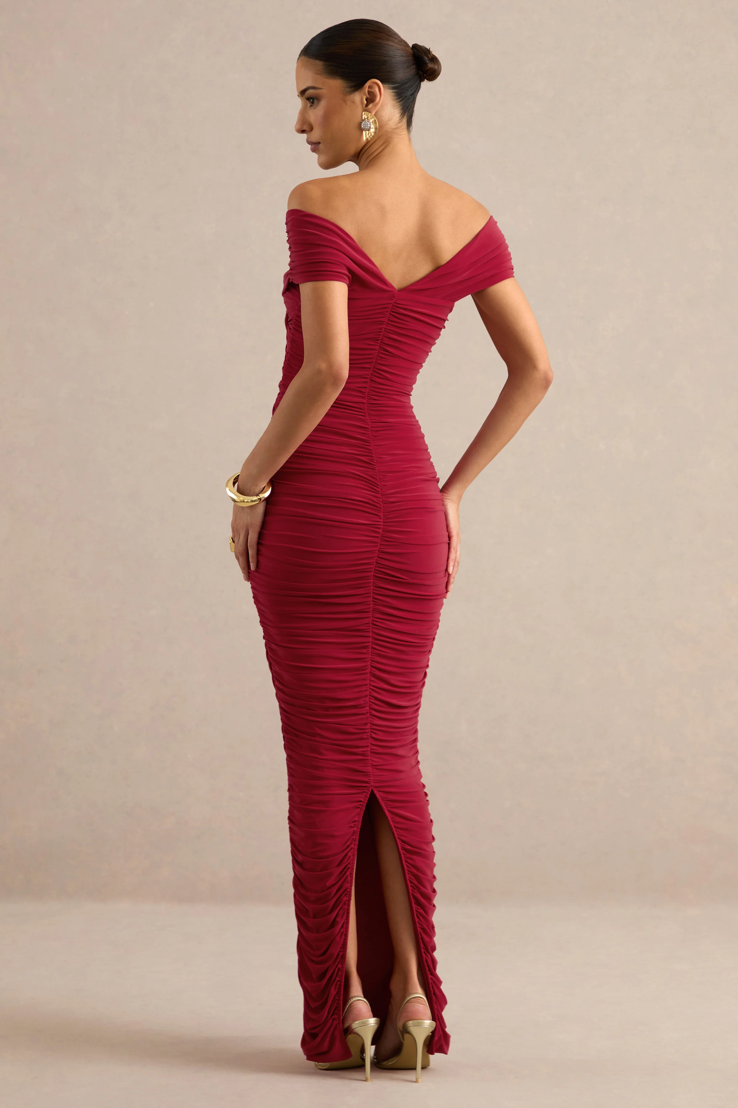 Evelora | Red Jersey Wrapped Bardot Short Sleeve Maxi Dress With Ruching