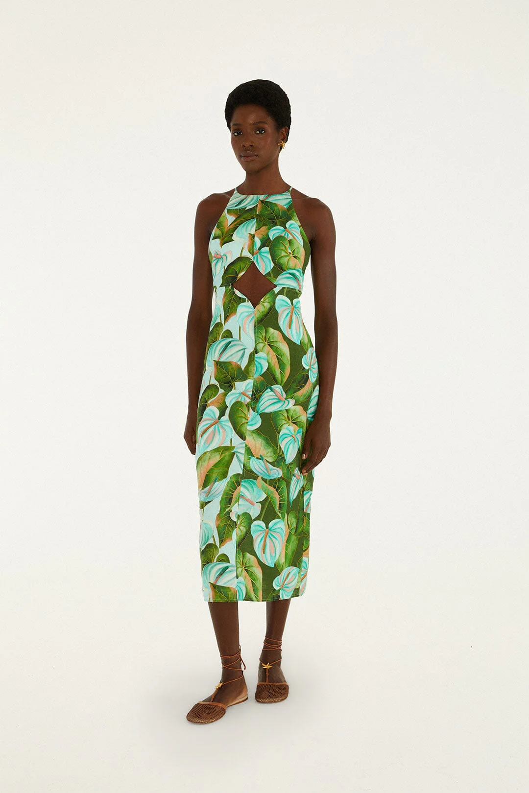 Green Anthurium Leaves Cut-Out Midi Dress