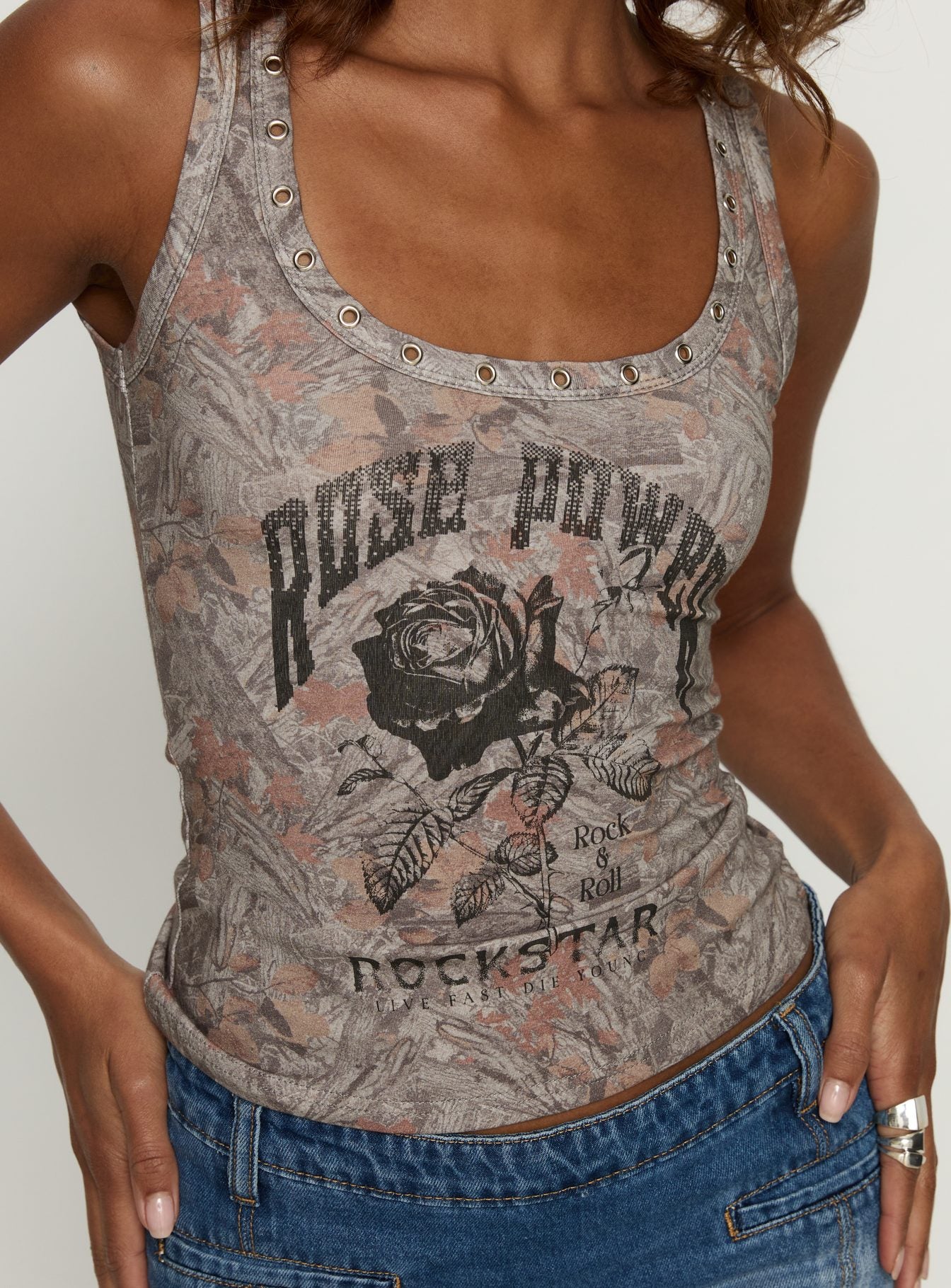 Rose Rockstar Eyelet Cargo Graphic Tank Camouflage