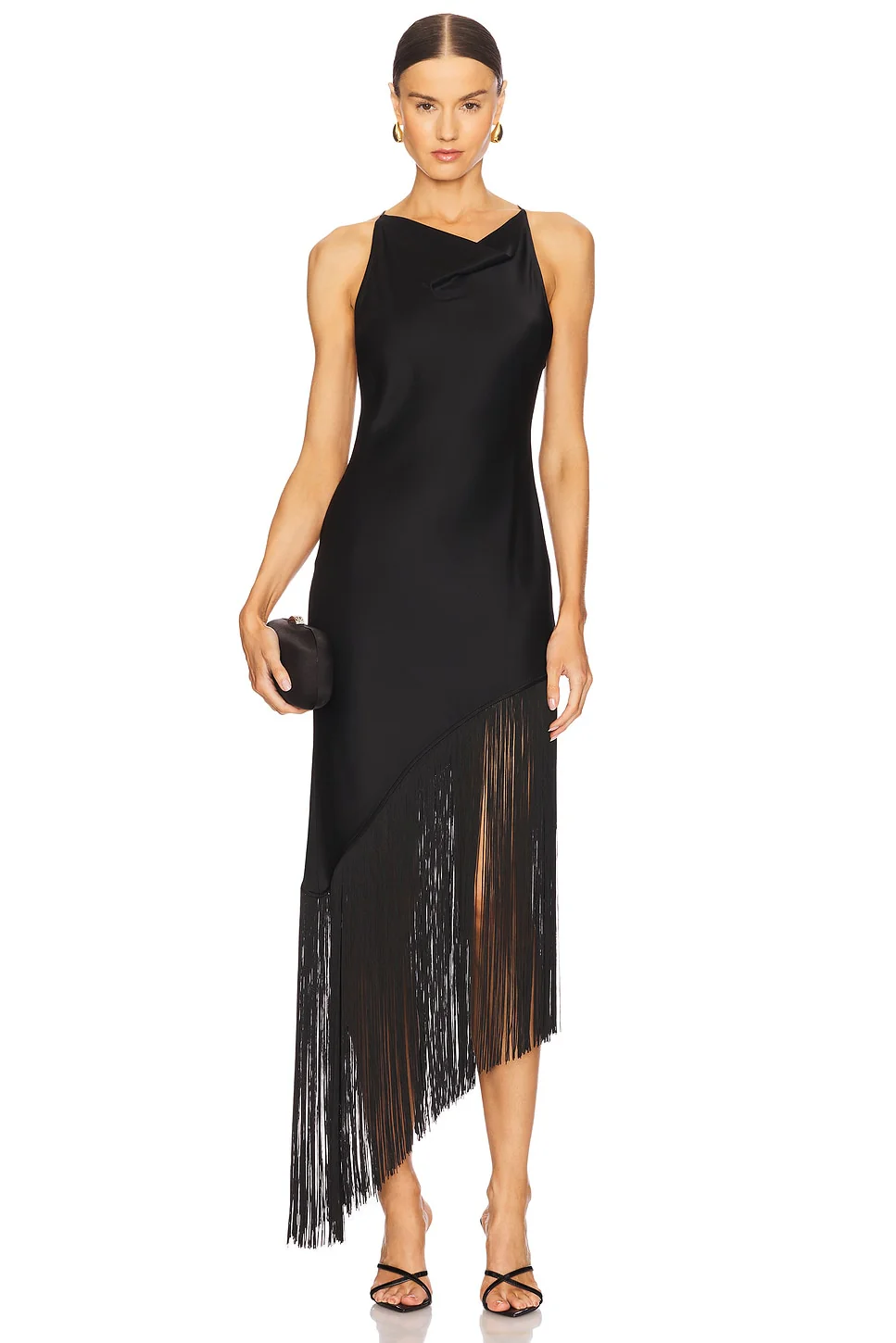 Satin Cowl Neck Fringe Dress