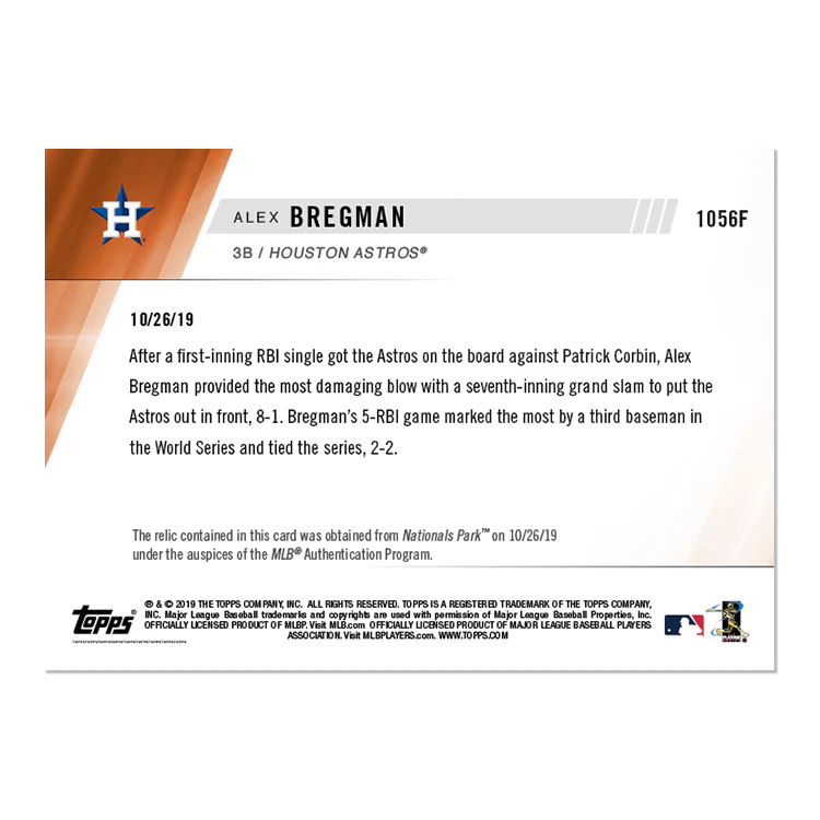 Game-used Base Relic # to 1 - Alex Bregman - MLB TOPPS NOW® Card 1056F