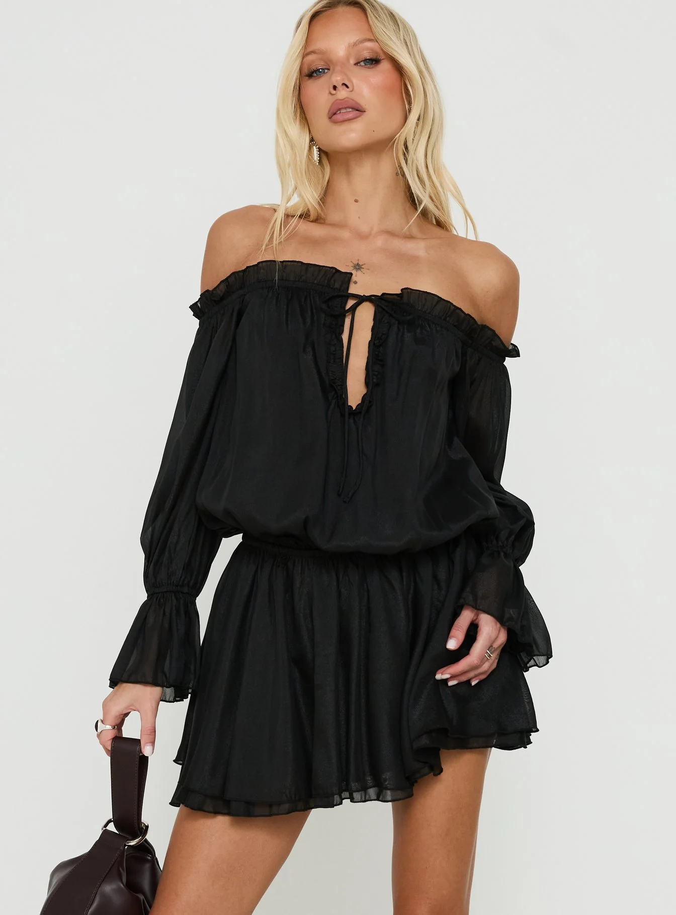 Zarevia Off Shoulder Long Sleeve Mini Dress Black