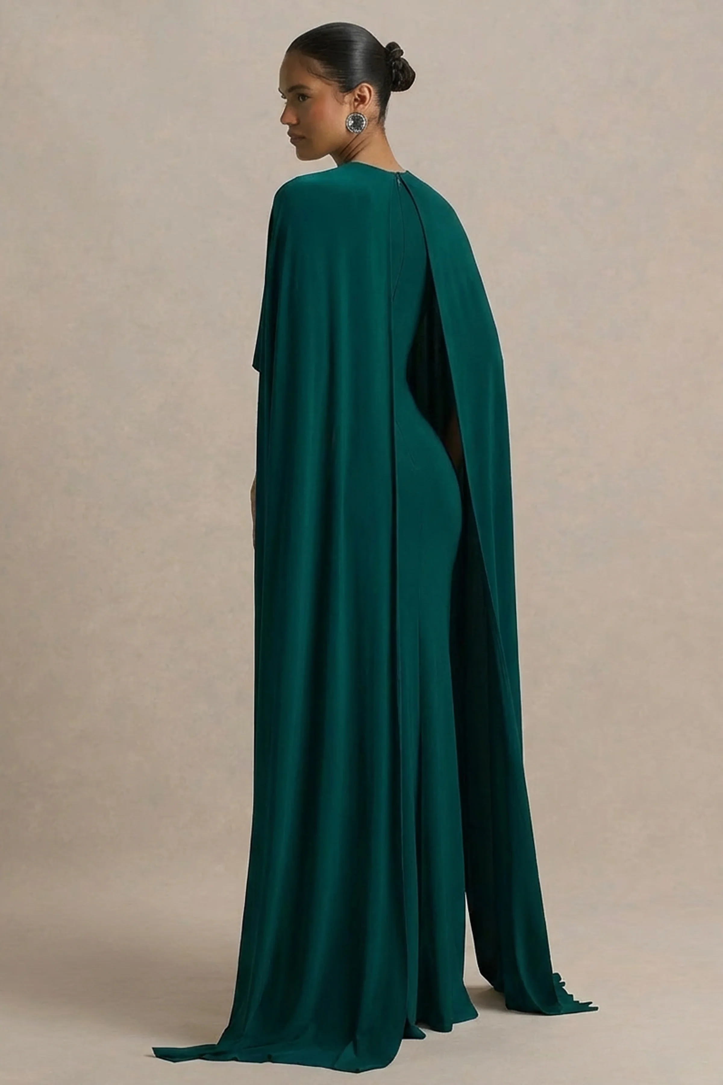 Padma | Bottle Green Draped Maxi Dress With Cape Sleeves
