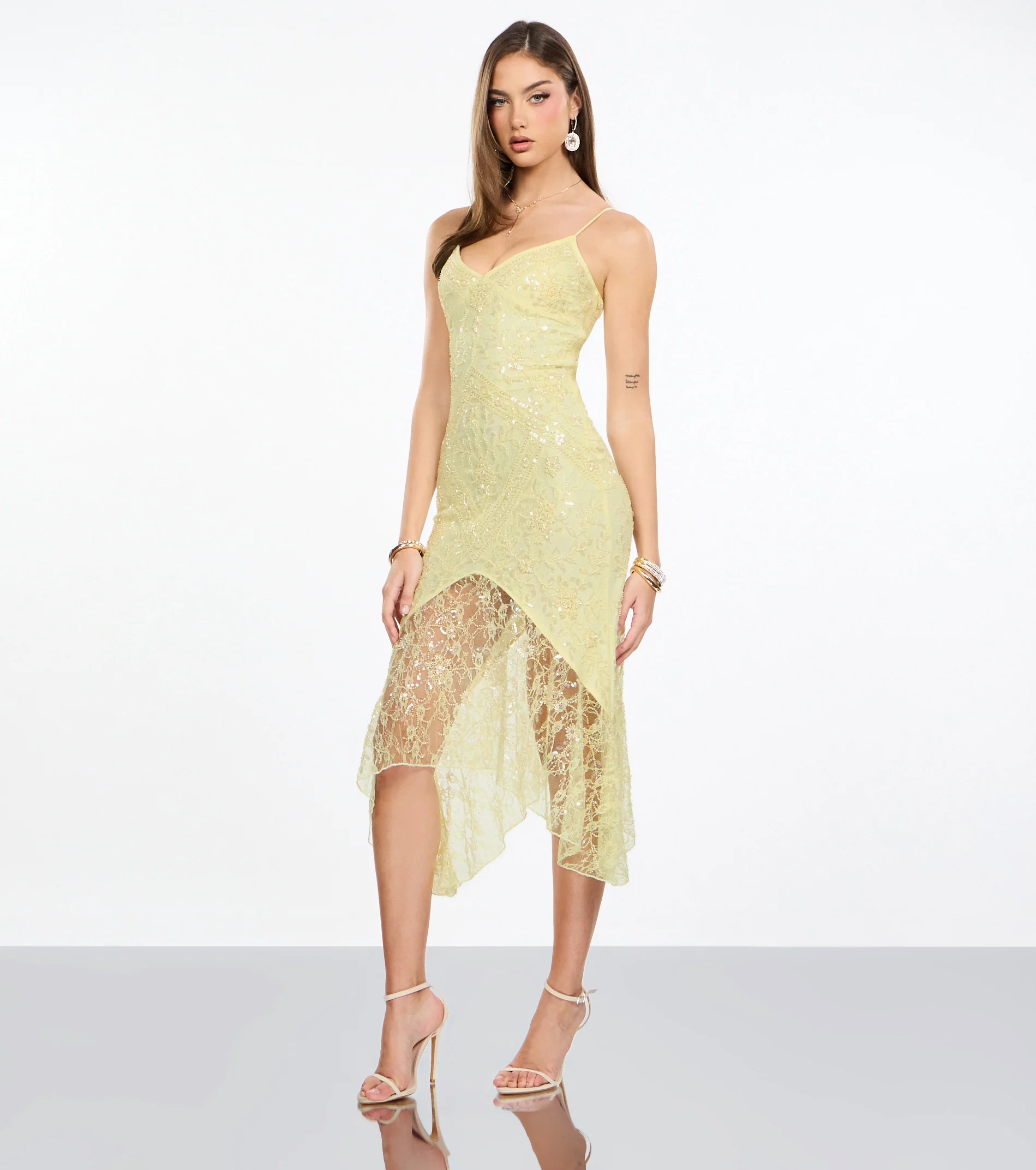 Roxie Beaded Lace Asymmetrical Midi Dress
