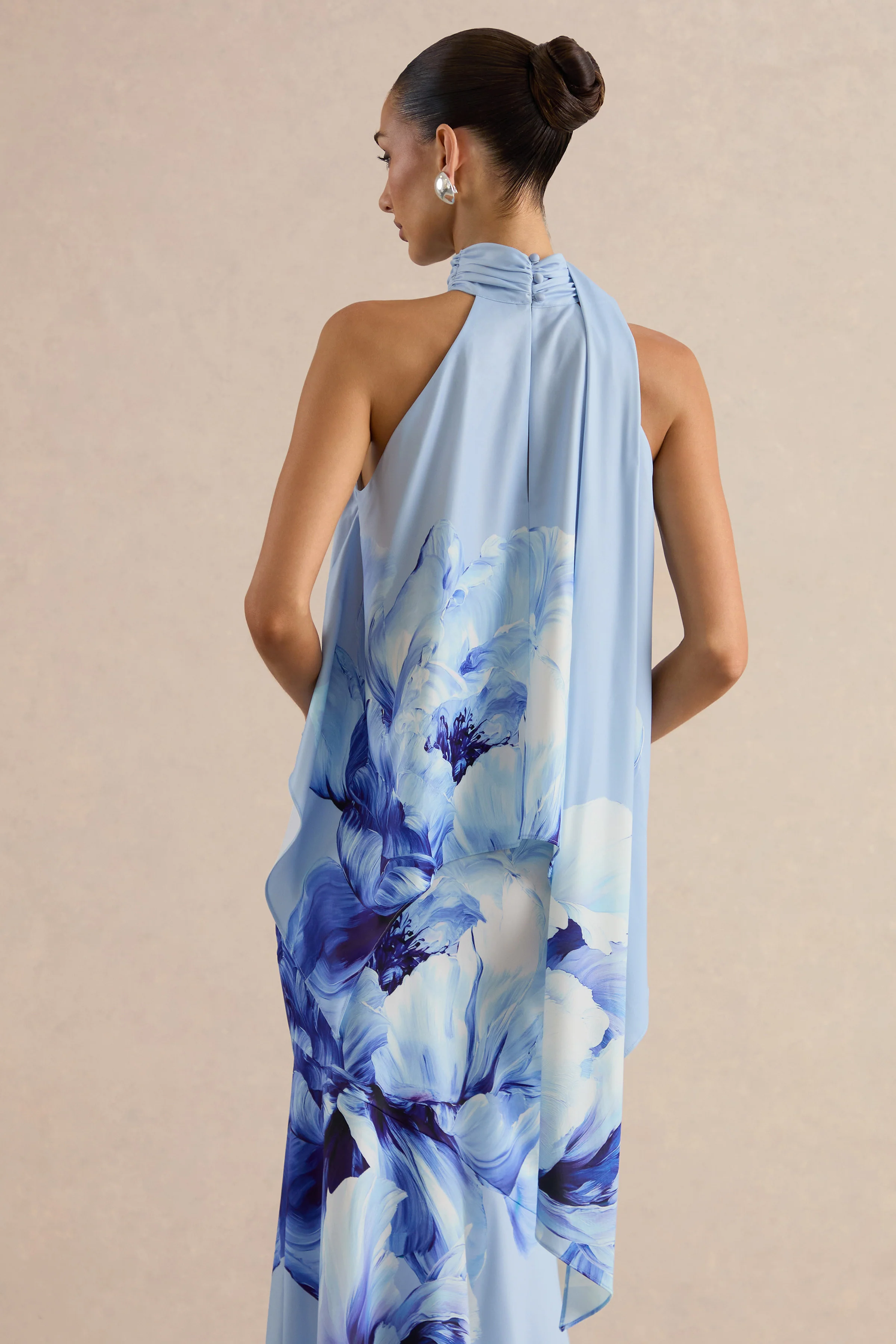 Sancelle | Blue Border Floral Print Satin High Neck Top With Ruching