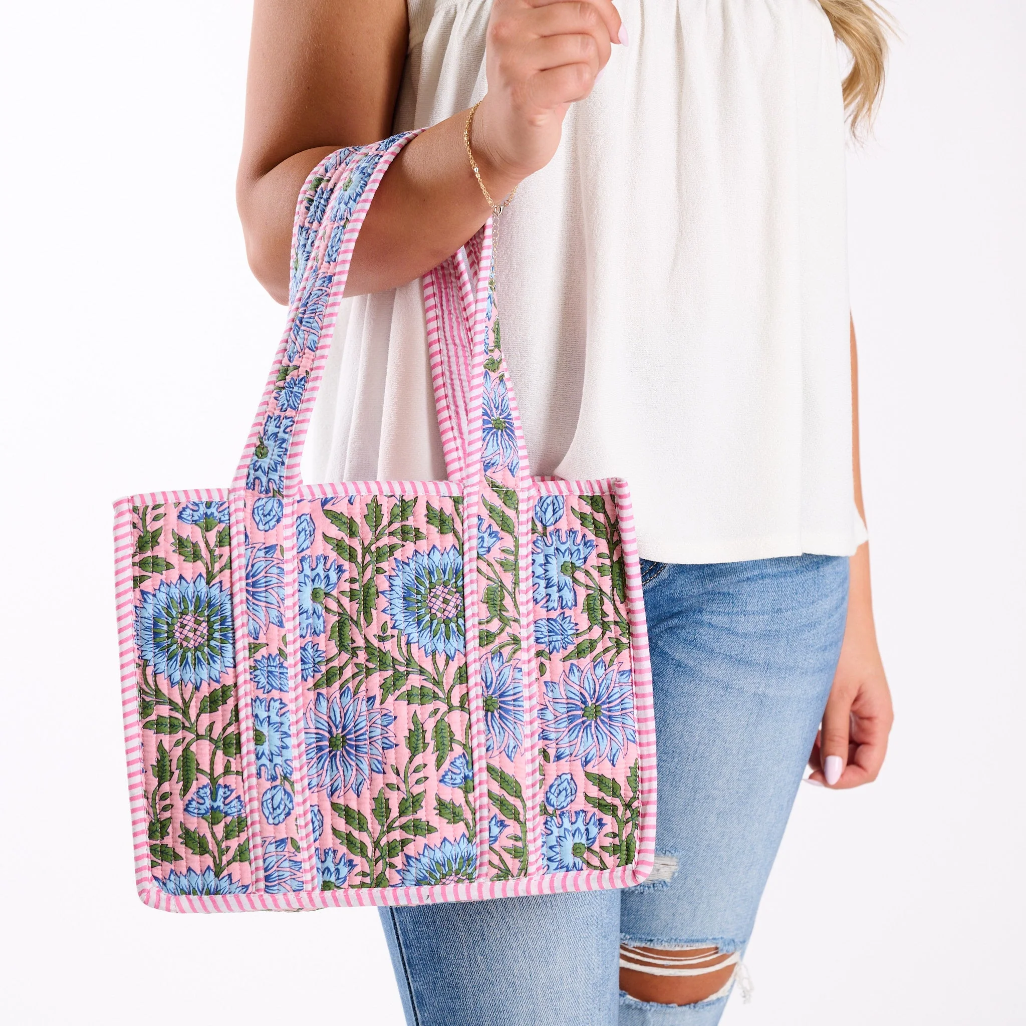 Mini Pink and Blue Floral Quilted Tote Bag