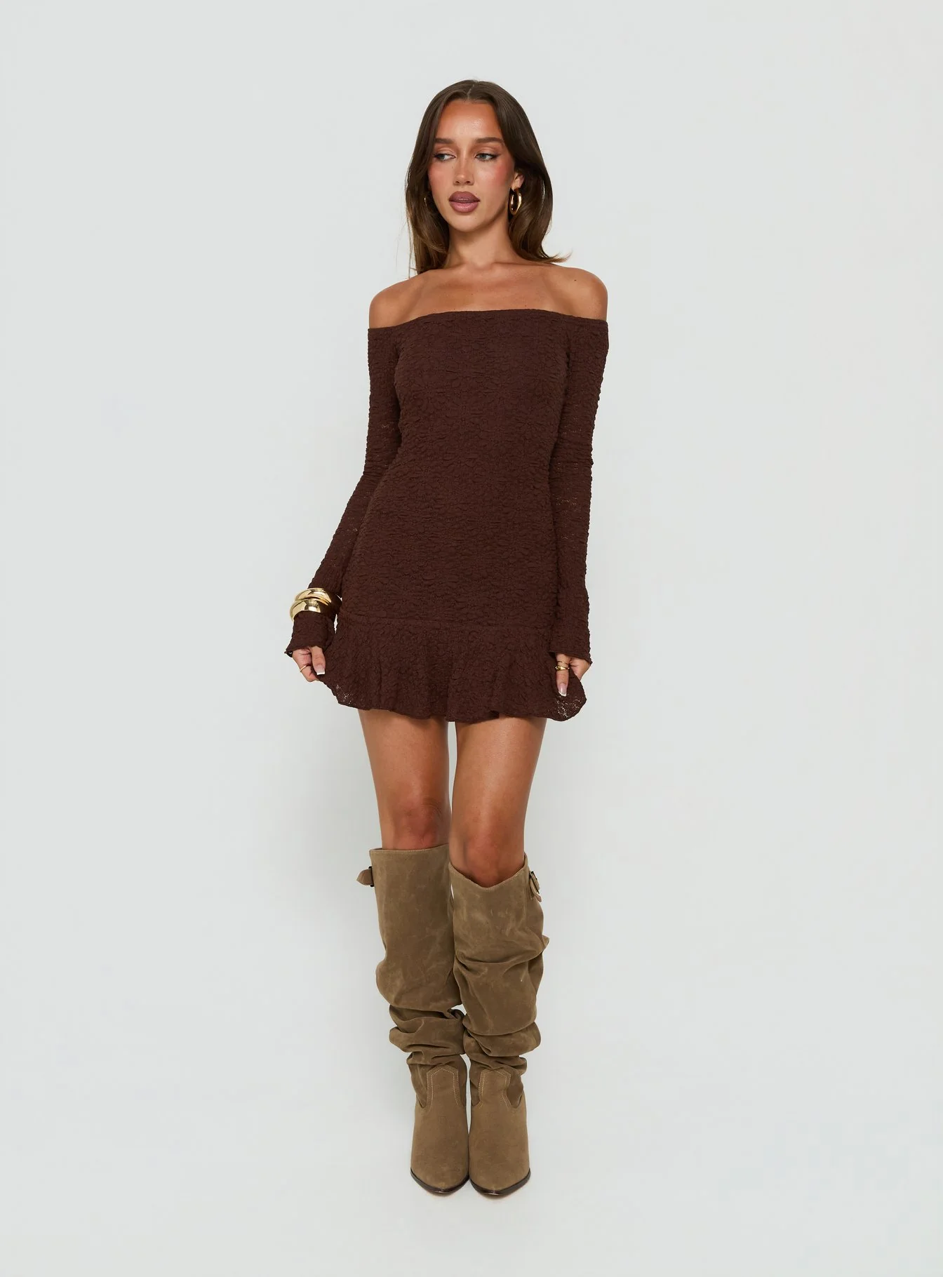 Vancesca Off Shoulder Long Sleeve Mini Dress Chocolate