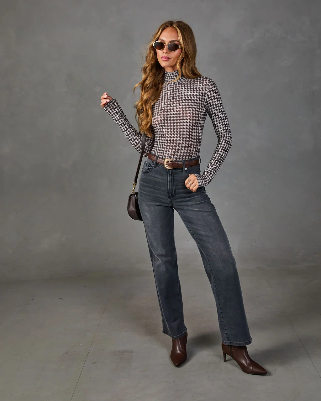 Kensley Turtleneck Houndstooth Print Top