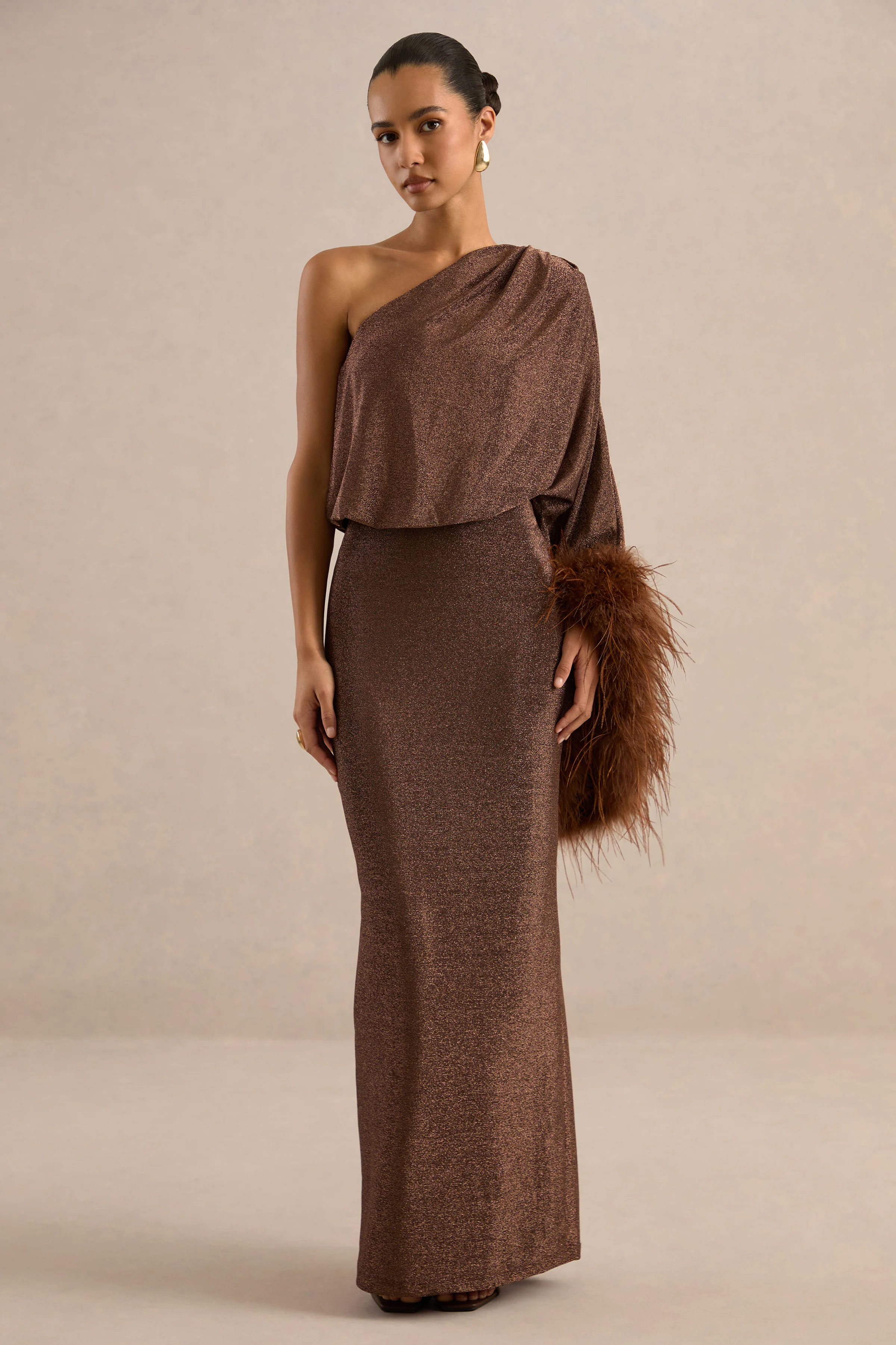 Galena | Brown Glitter One Sleeve Maxi Dress With Feather Detailing