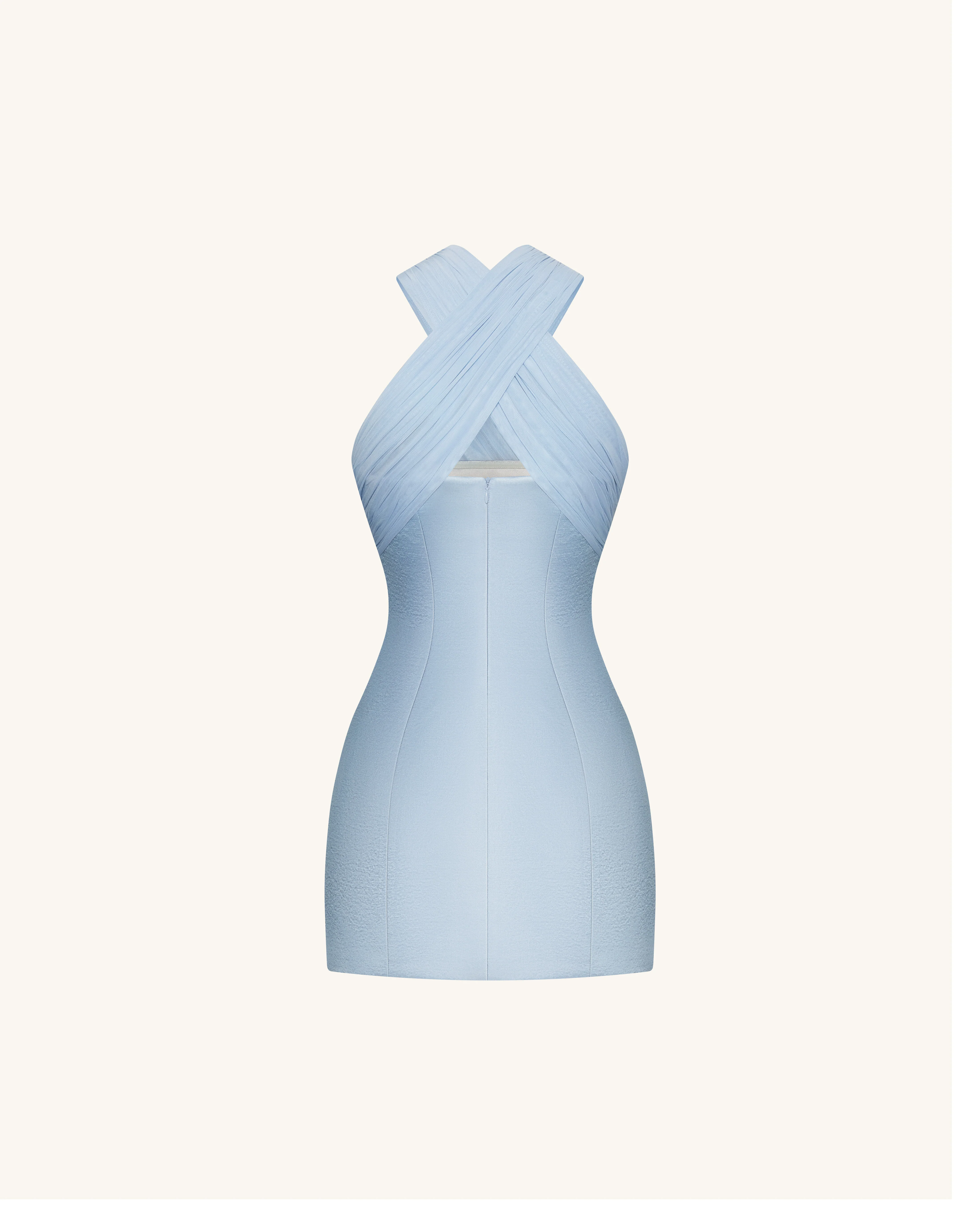 Satin Mini Dress with Tulle Cross-Halter - Blue