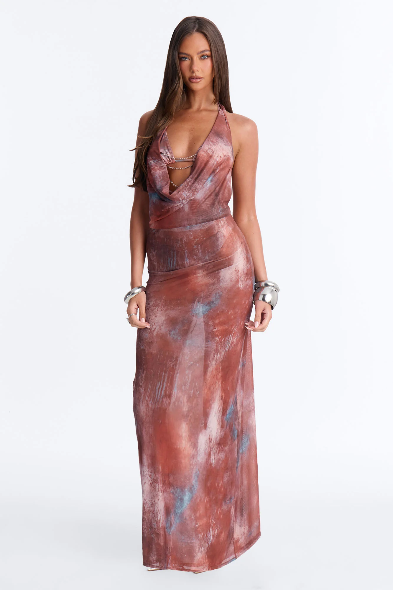 Alia 3 Piece Tie Dye Triangle Bikini & Chain Cover Up Halter Maxi Dress Sunsuit - Multi Color