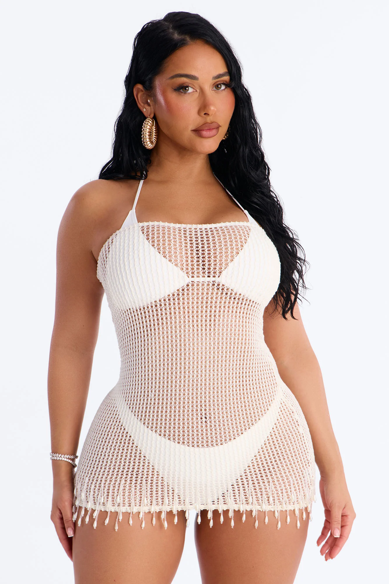Macha And Sea Breeze Crochet Beaded Fringe Trim Strapless Mini Swim Cover Up Dress - Cream