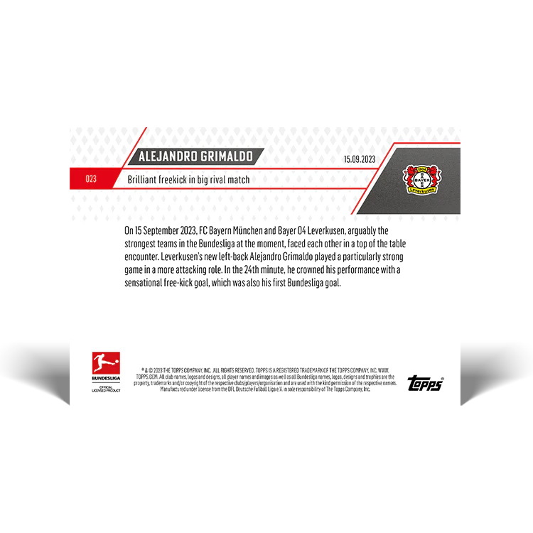 Topps UK - Alejandro Grimaldo - Brilliant freekick in big rival match - Bundesliga TOPPS NOW® Card #23