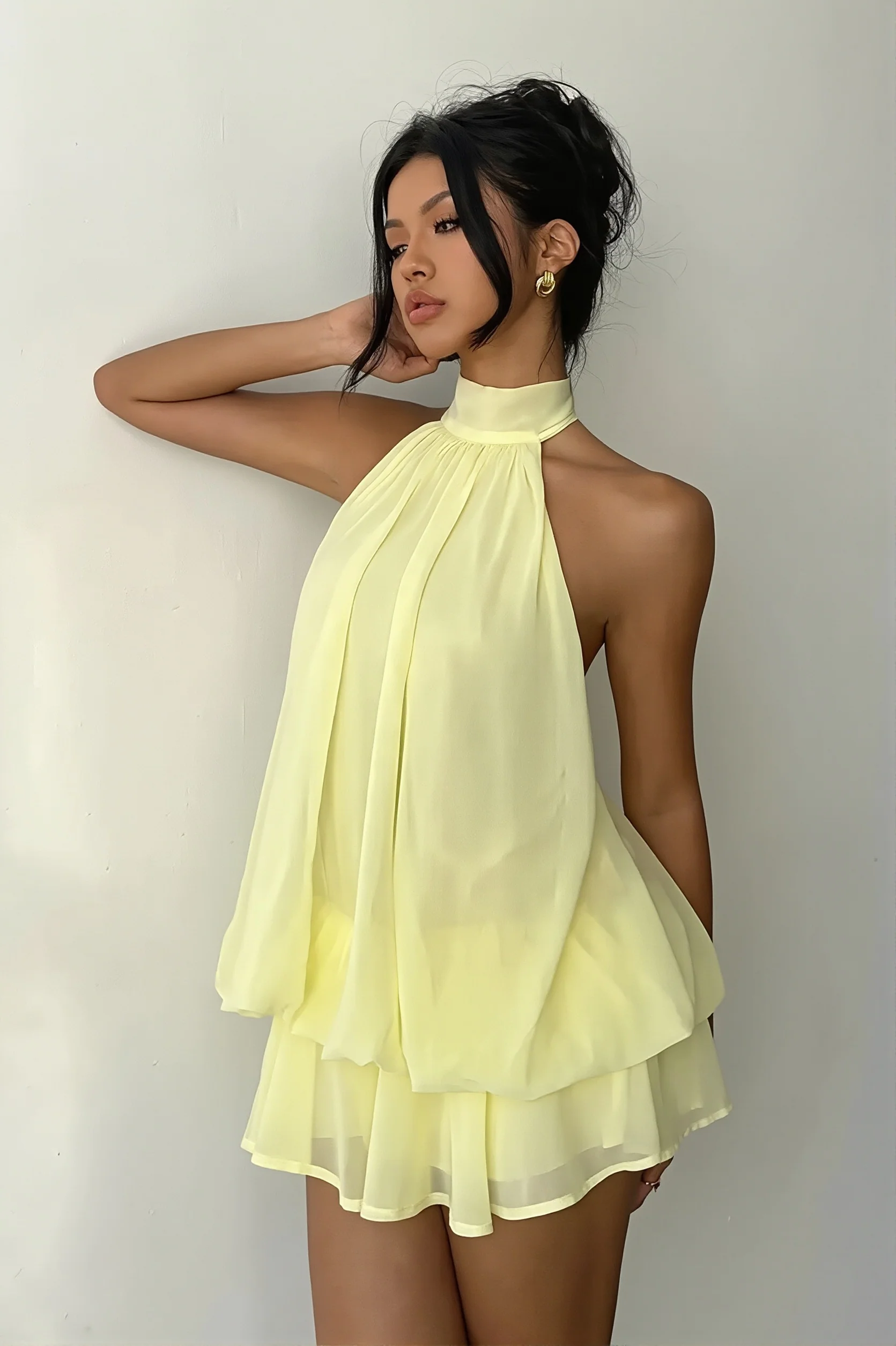 Vacation Halter Backless High Waist Flowy Mini Dress