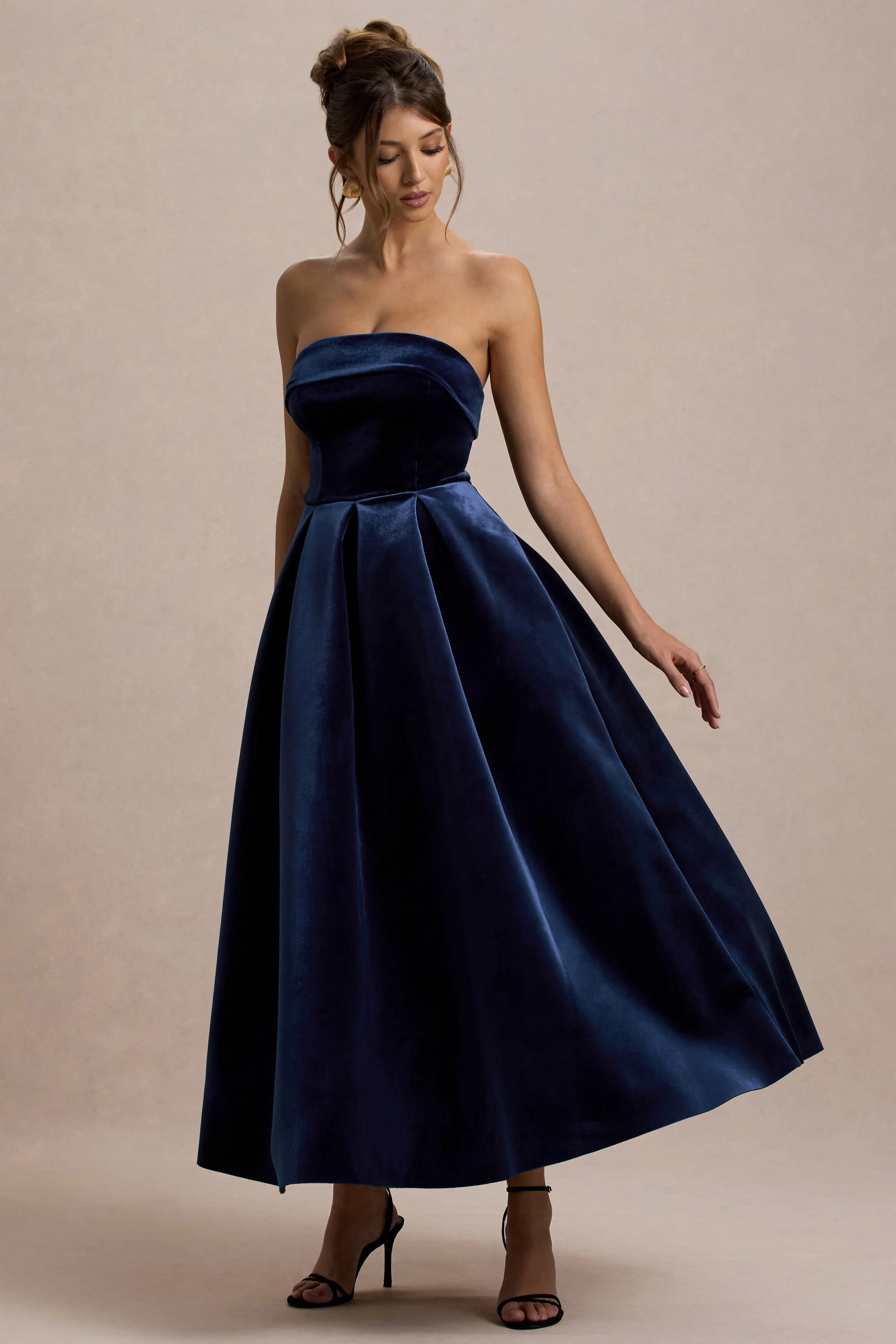 Addina | Navy Velvet Bandeau Skater Midi Dress