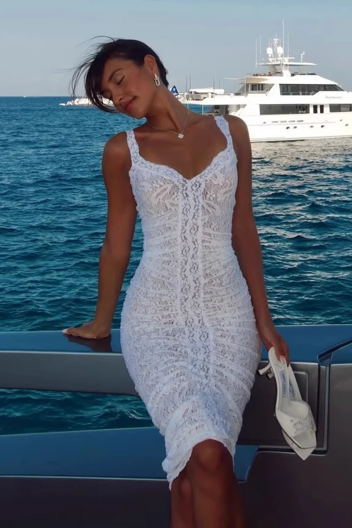 Sheer Lace Cami Slim Midi Dress