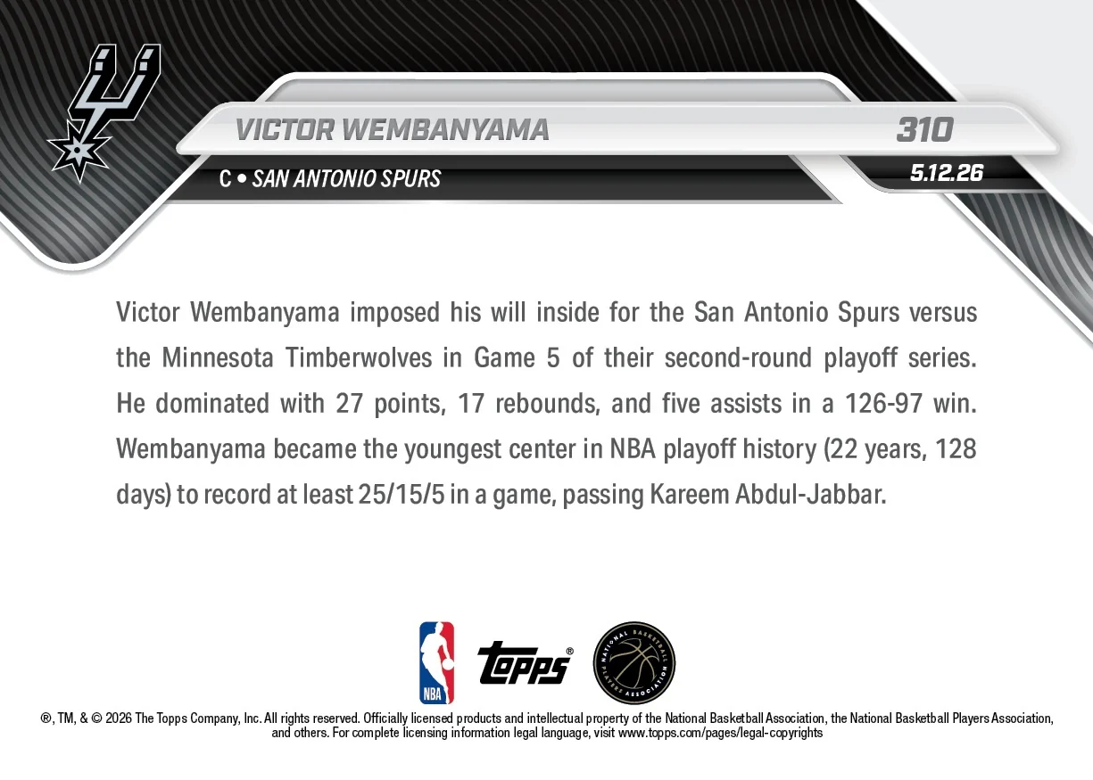 Victor Wembanyama - 2025-26 NBA Topps NOW® - Card 310 - PR: 3511