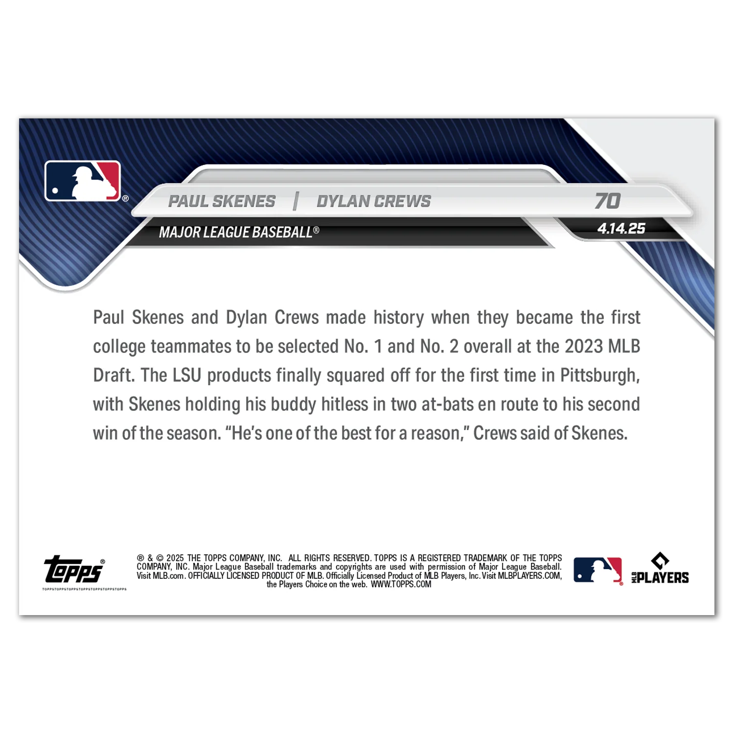 Paul Skenes/Dylan Crews - 2025 MLB Topps NOW® - Card 70