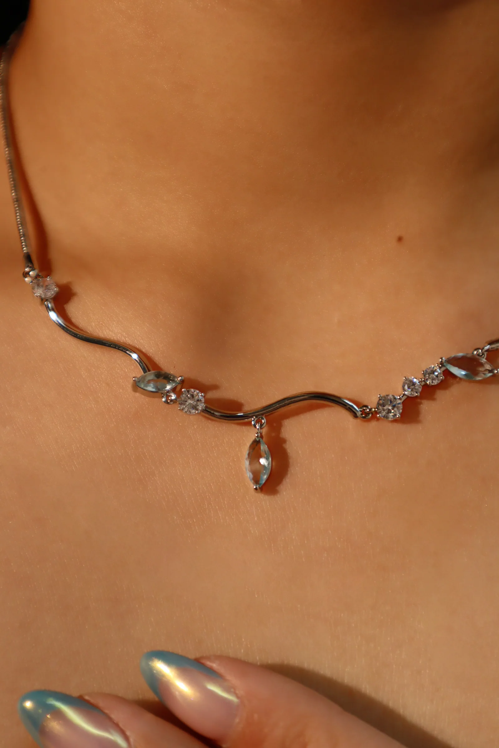 Palladium White Gold Plated Blue Gem Diamonds Necklace