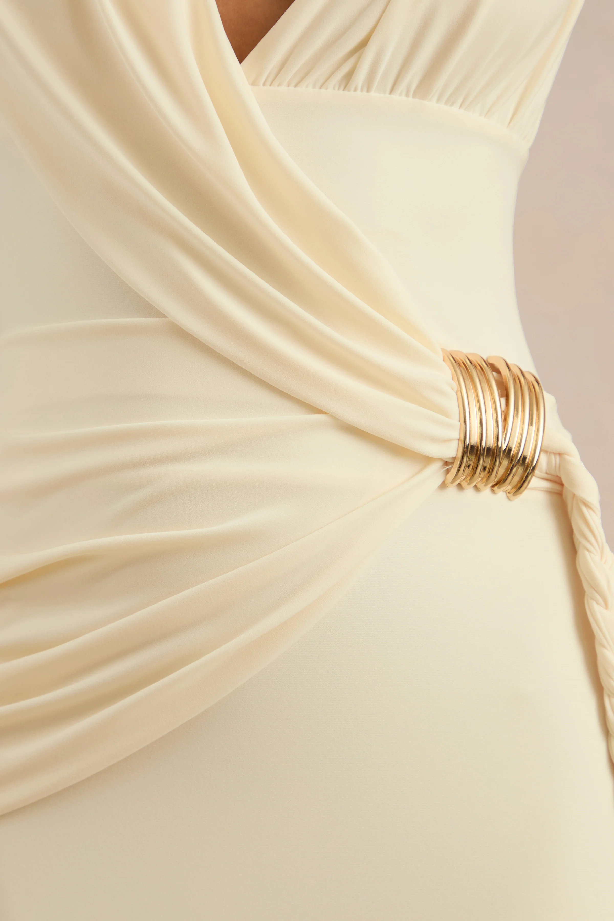 Nalina | Cream Jersey Ruched Plunge Maxi Dress With Gold Trim And Braided Sash Detailing
