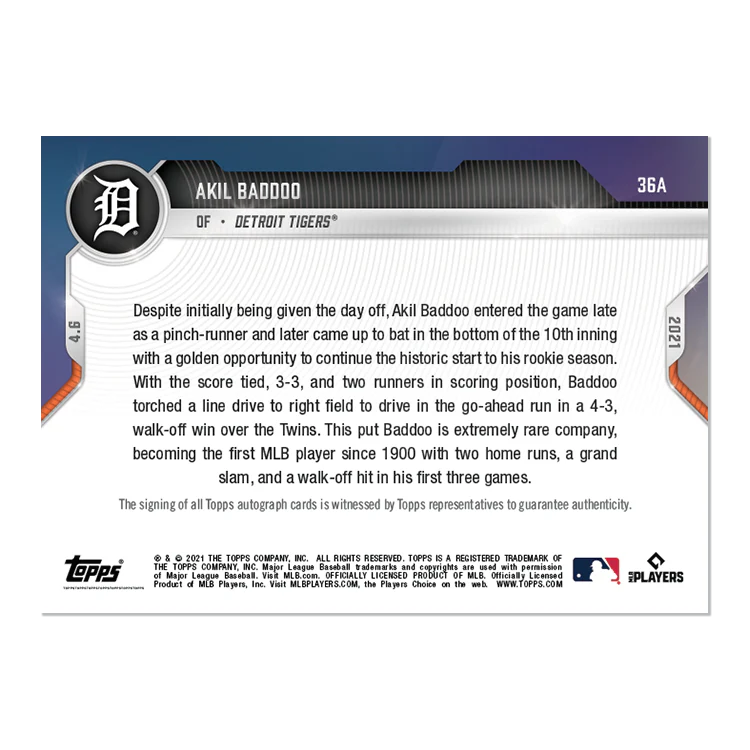 On-Card Auto # to 99 - Akil Baddoo - 2021 MLB TOPPS NOW® Card 36A