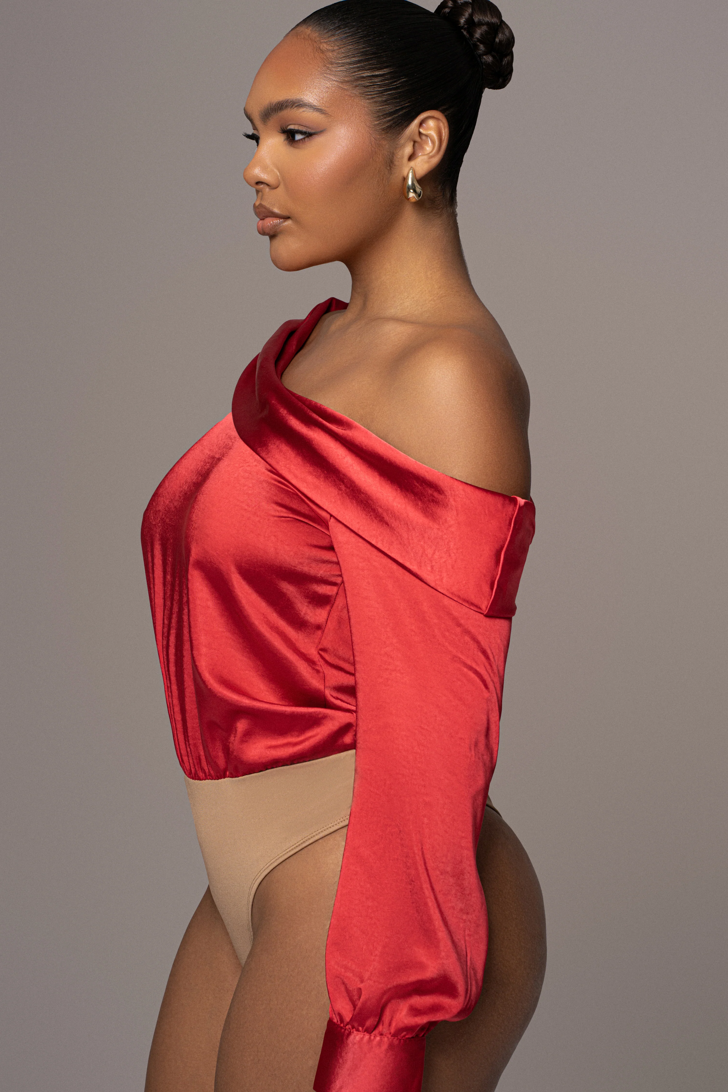 Red Satin Rima Asymmetrical Bodysuit
