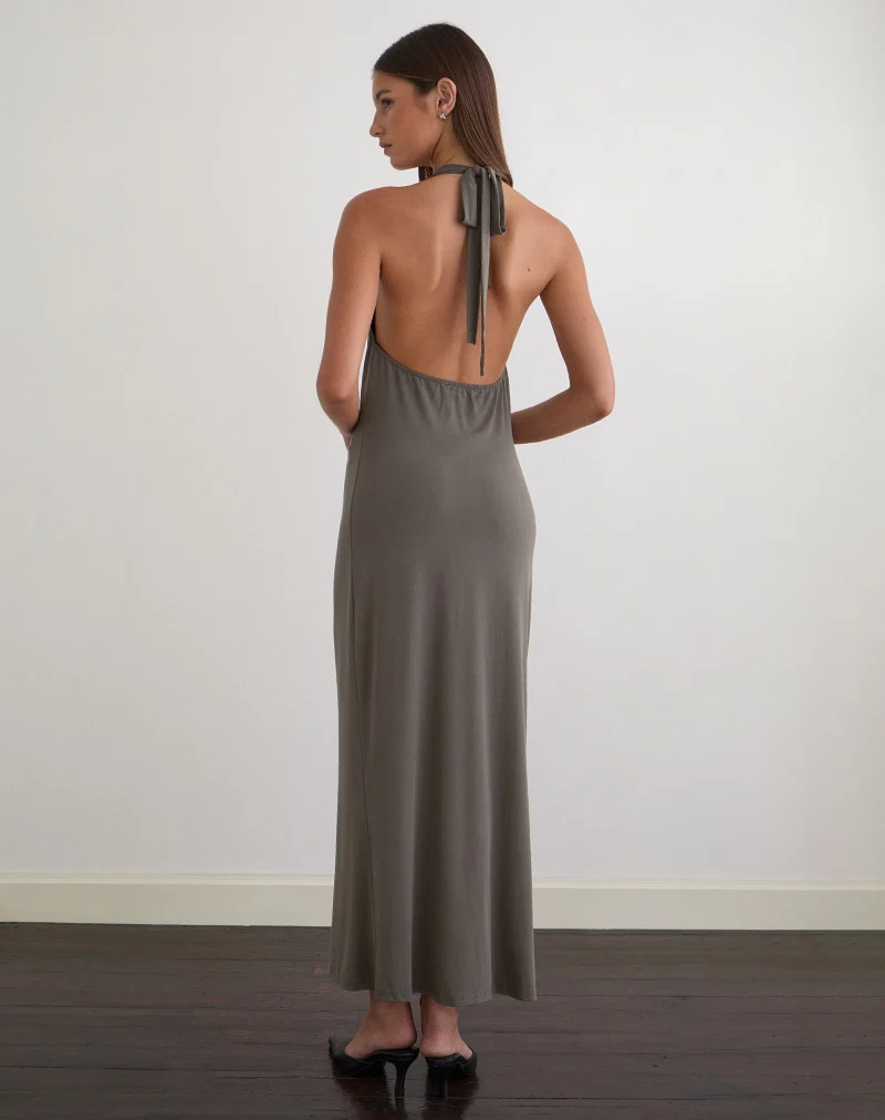Zarya Maxi Dress in Cupro Grey Khaki