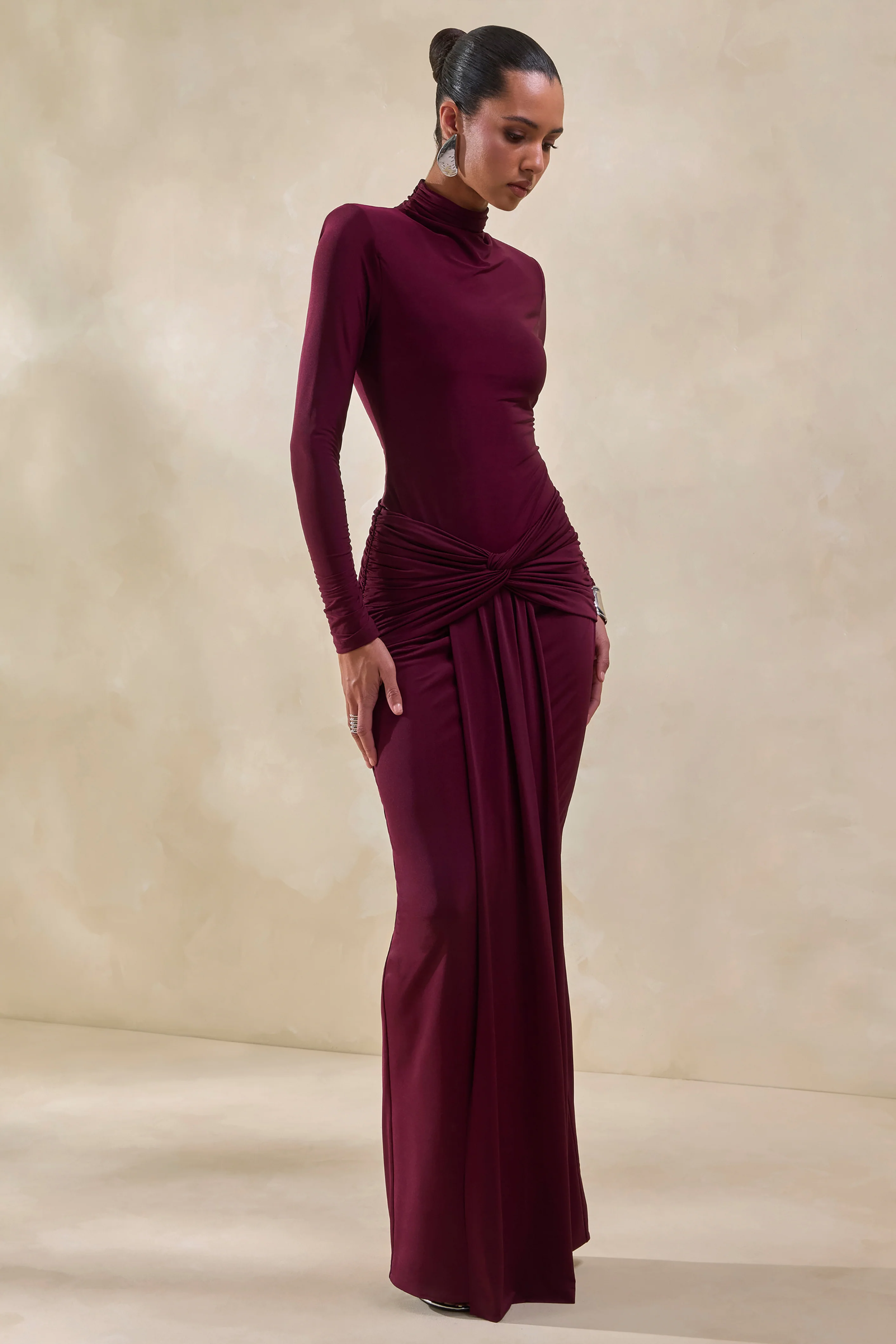 Theria | Burgundy Maxi Skirt With Gathering And Knot Detail