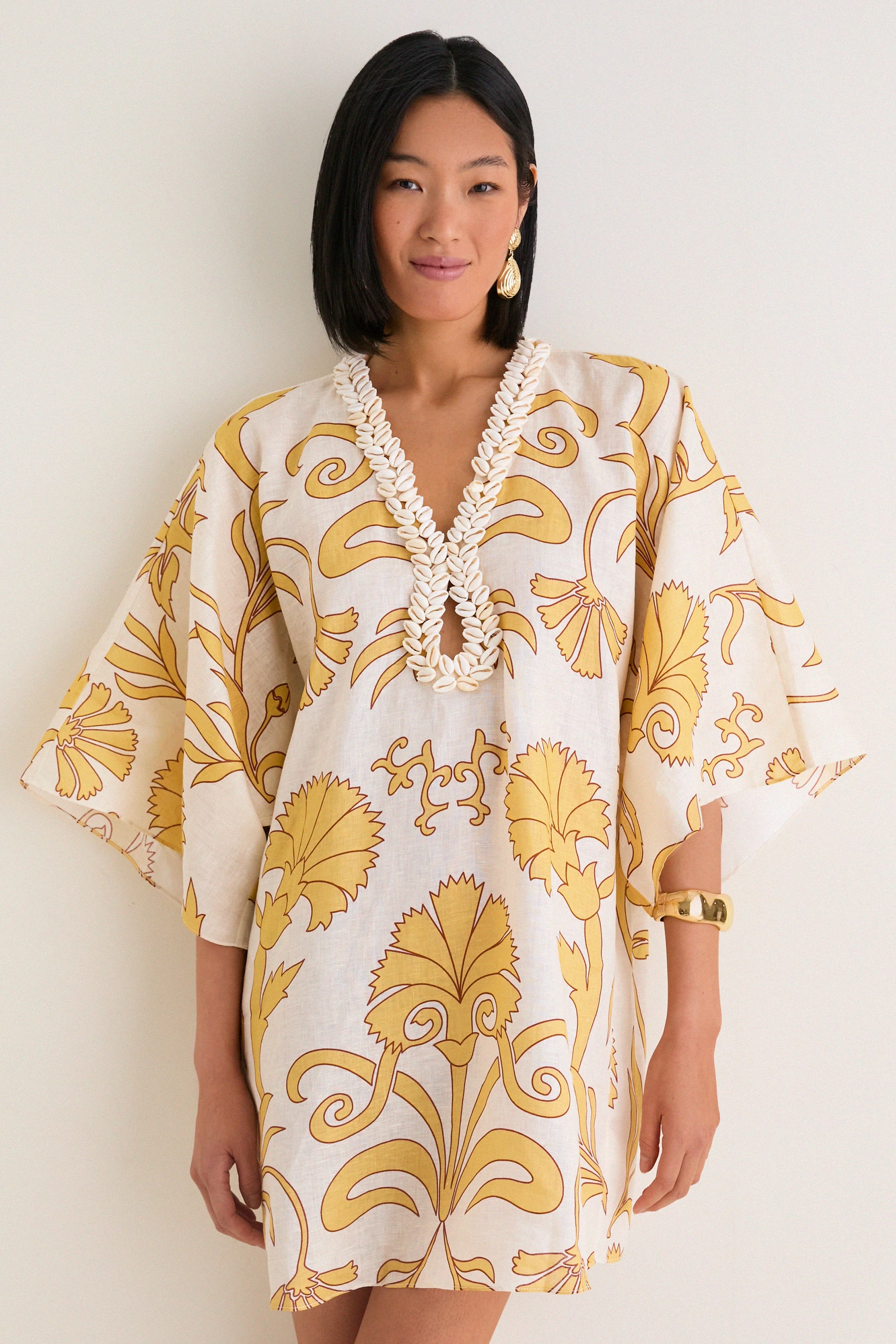 Yellow Flowers Andina Hand-Embroidered Linen Mini Tunic