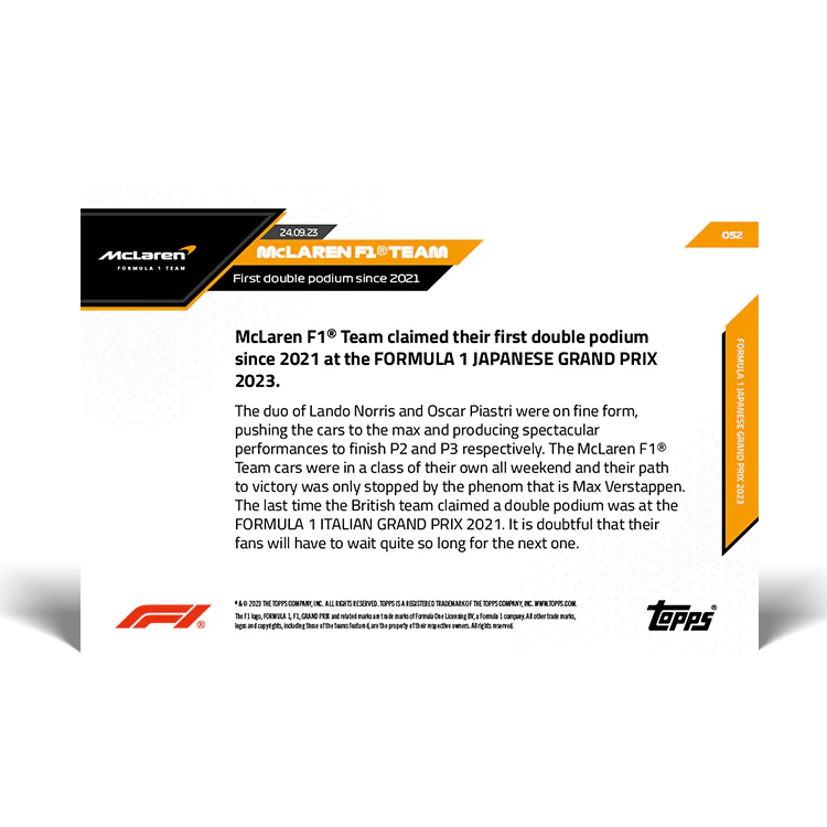 Topps UK - McLaren F1 Racing - First double podium since 2021 - F1 TOPPS NOW® Card #52