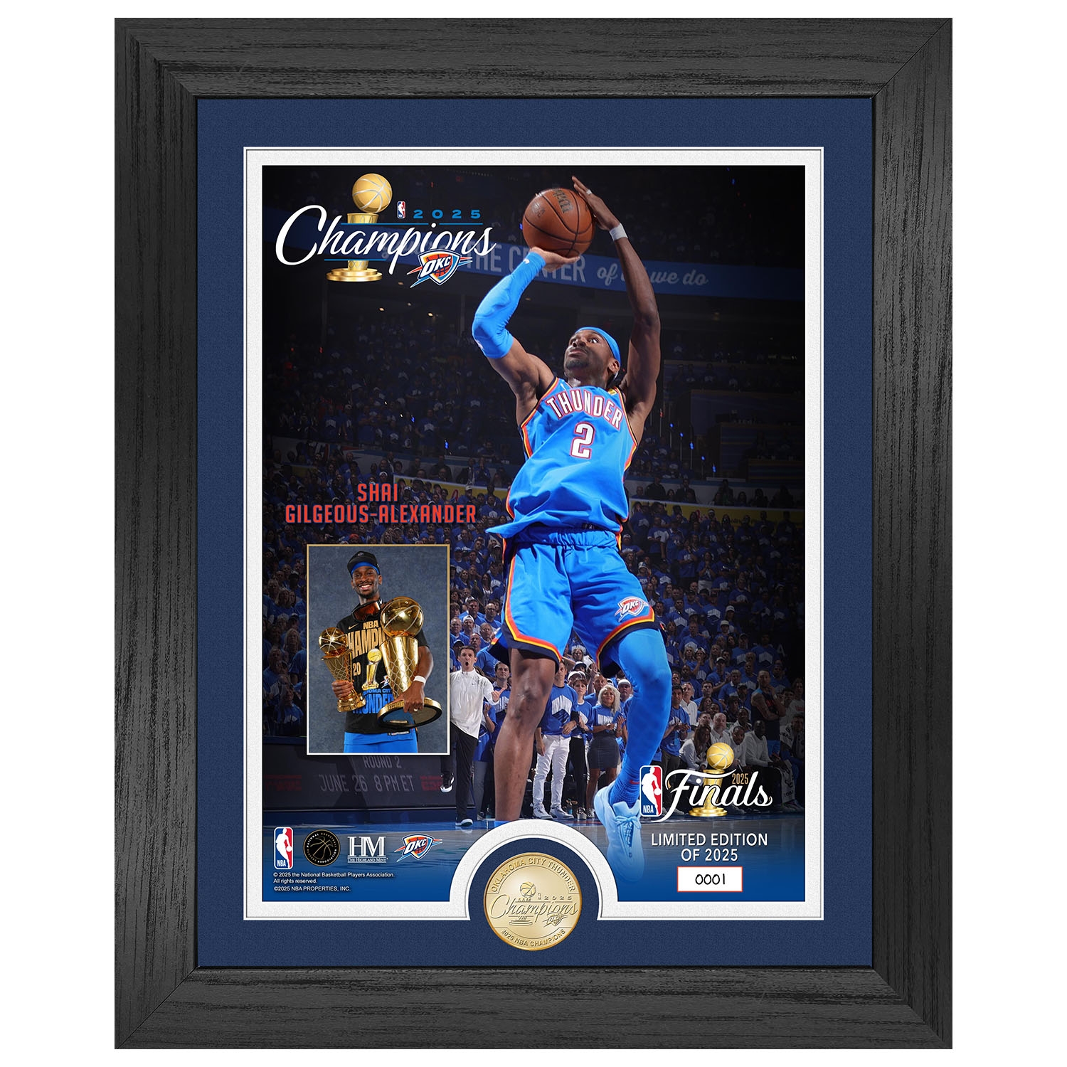 Shai Gilgeous-Alexander 2025 NBA Champs Trophy Raising Bronze Coin Framed Photo
