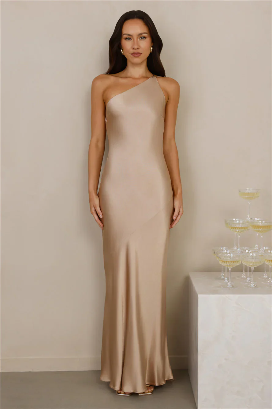 The Evangeline One Shoulder Satin Maxi Dress Champagne