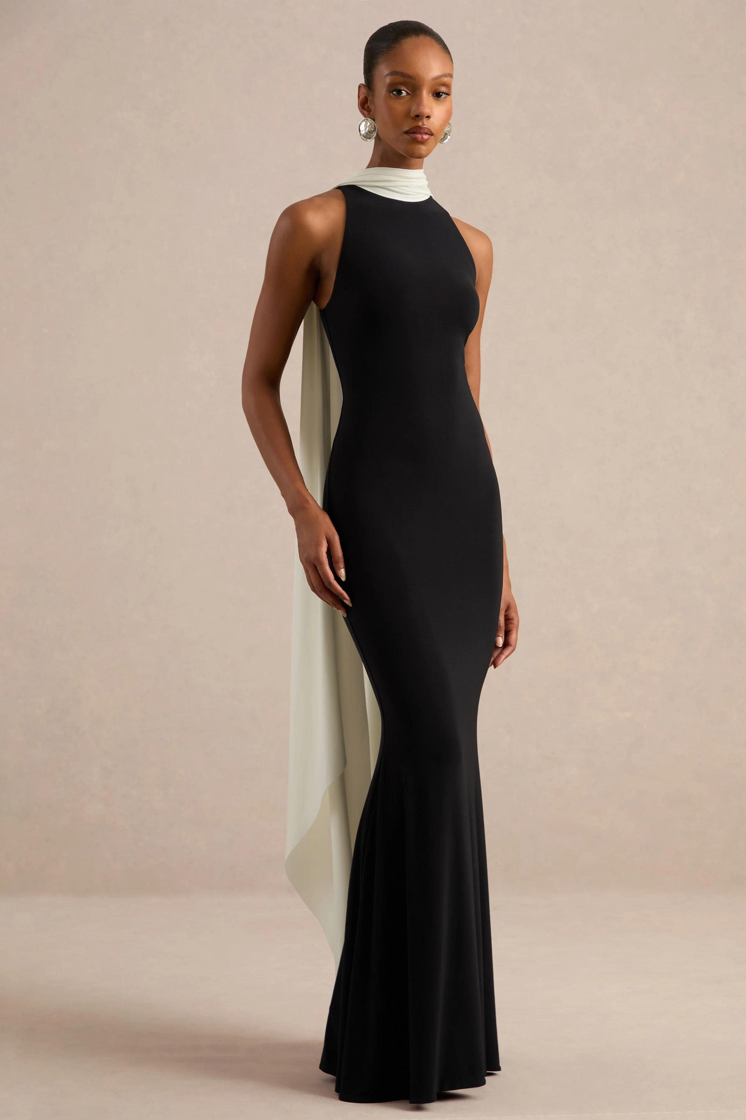 Calise | Monochrome Jersey High Neck Maxi Dress With Scarf Detail
