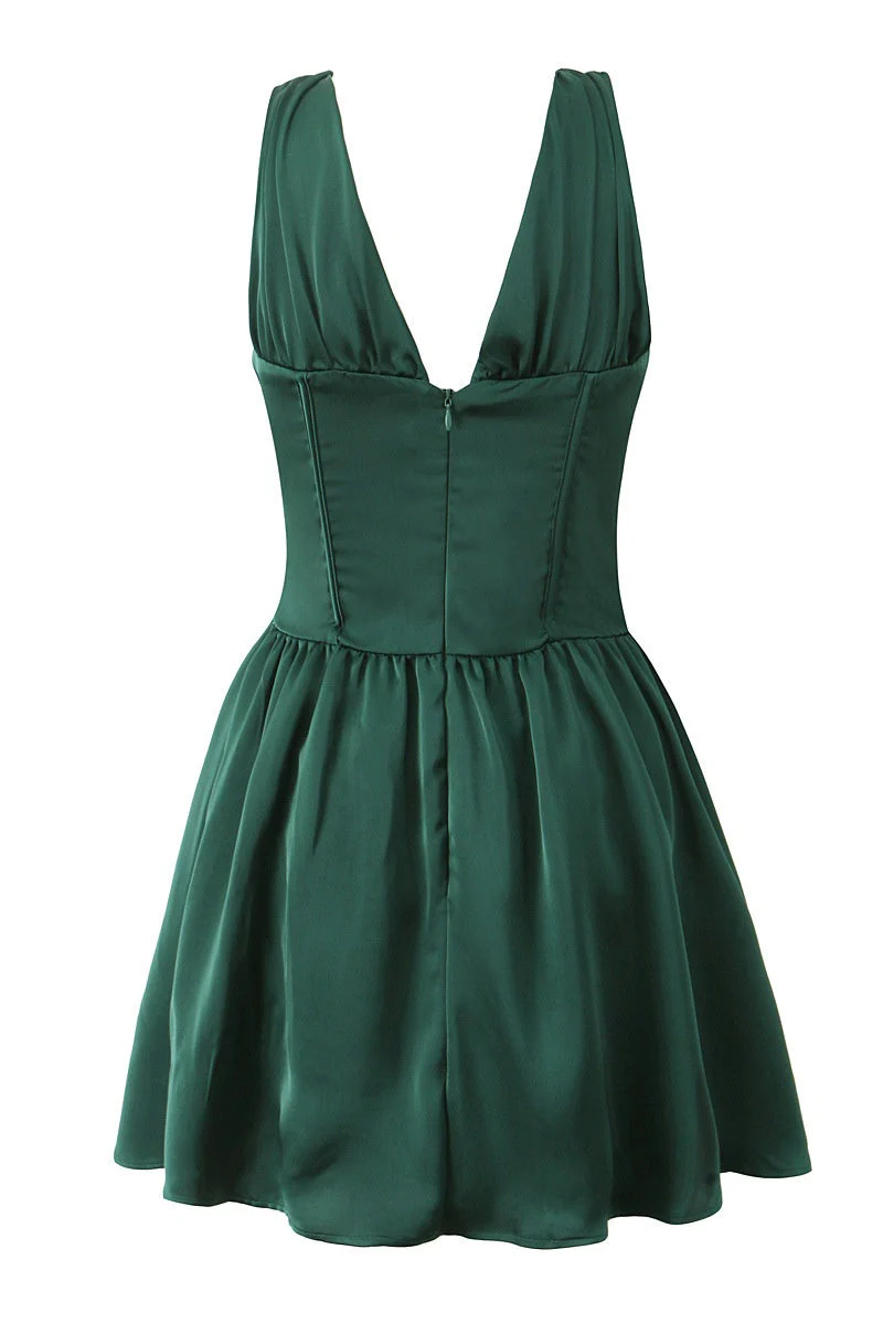 Dark Green V Neck Empire Short Dress
