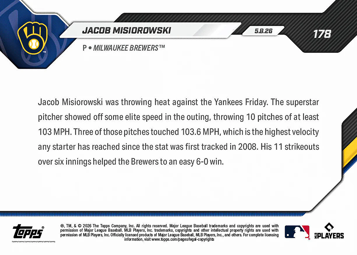 Jacob Misiorowski - 2026 MLB Topps NOW® - Card 178 - PR: 4229